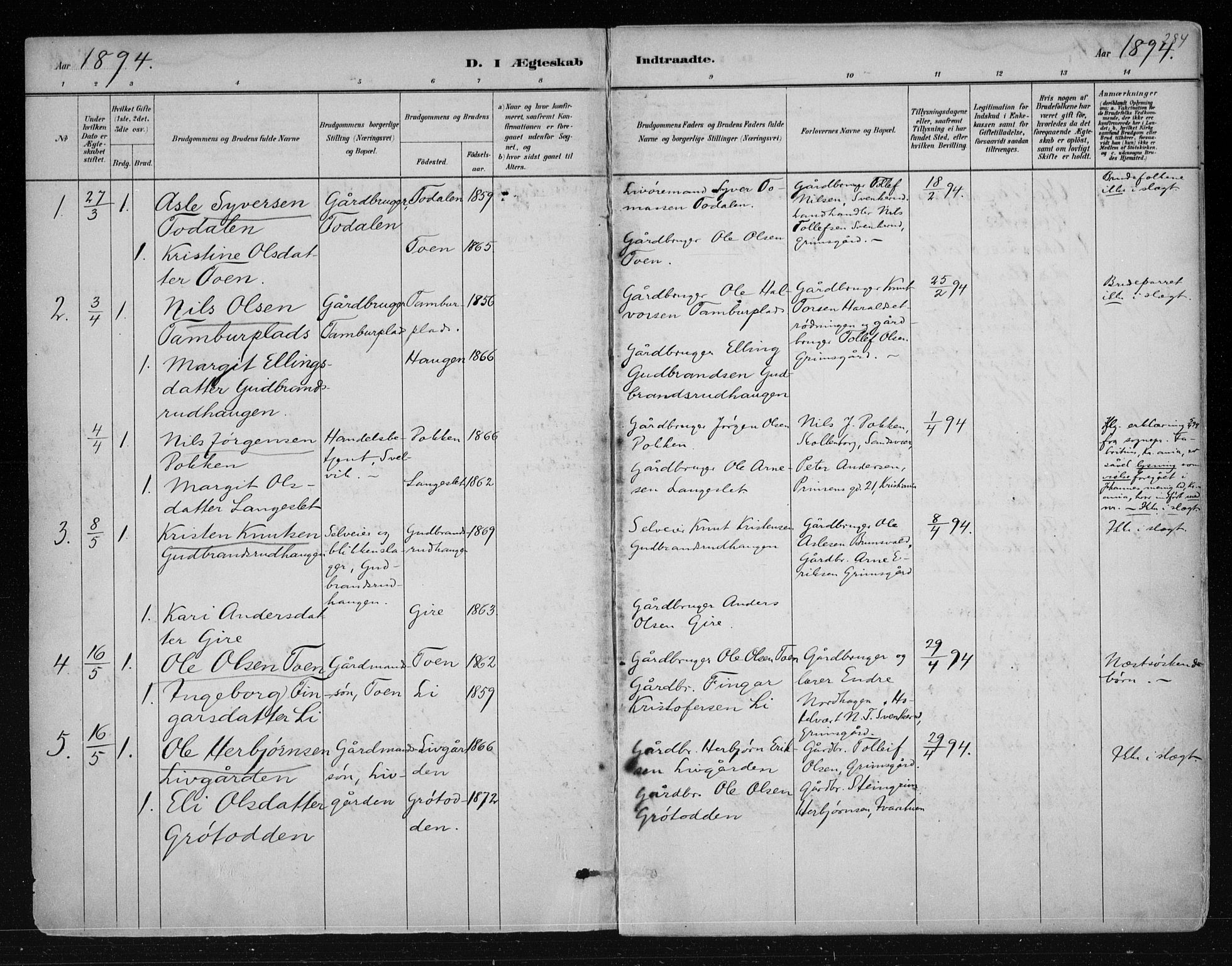 Nes kirkebøker, SAKO/A-236/F/Fa/L0011: Parish register (official) no. 11, 1881-1912, p. 284