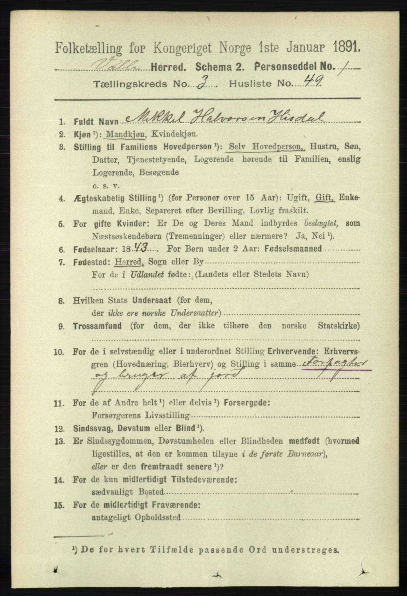 RA, 1891 census for 0940 Valle, 1891, p. 943