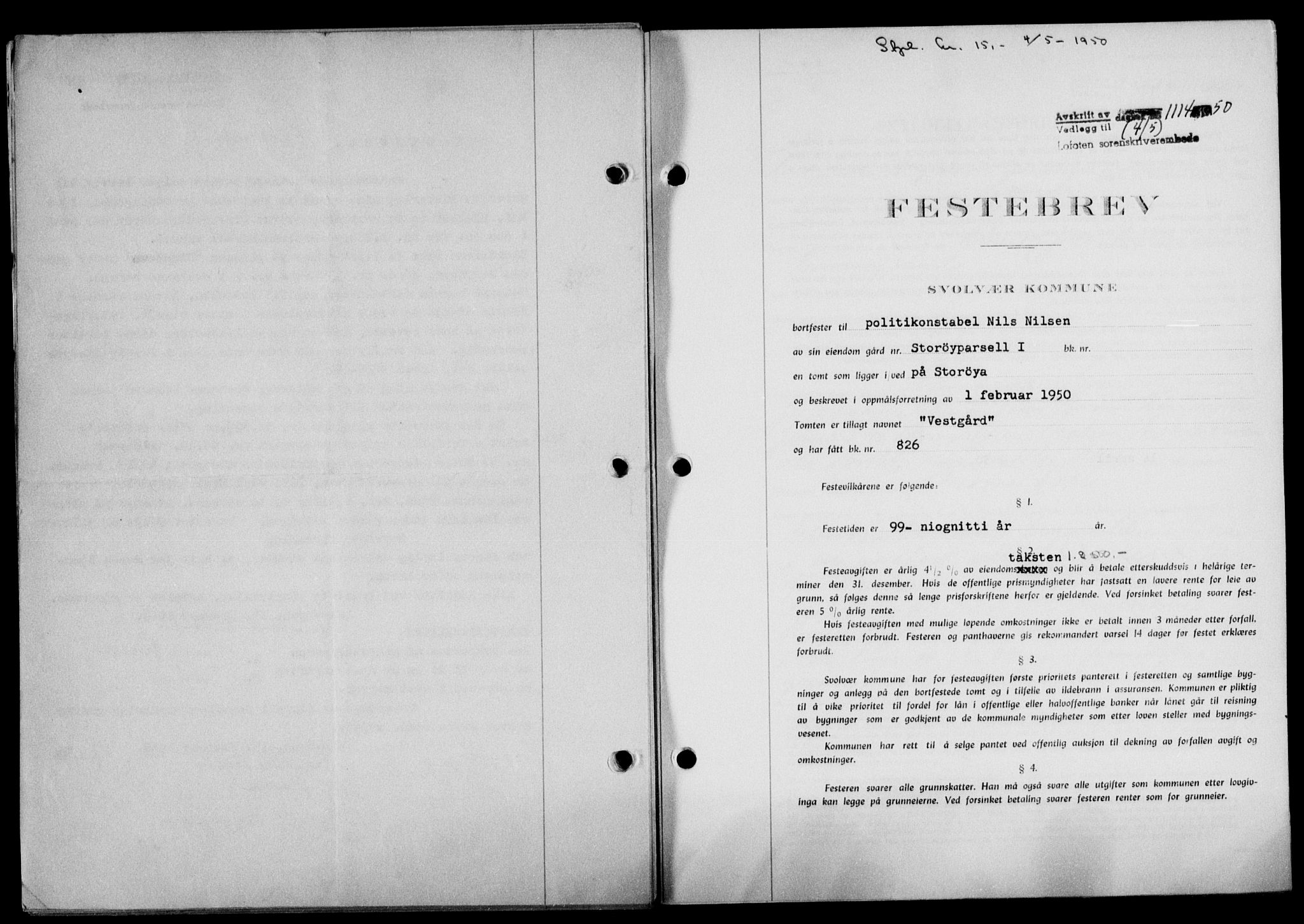 Lofoten sorenskriveri, SAT/A-0017/1/2/2C/L0023a: Mortgage book no. 23a, 1950-1950, Diary no: : 1114/1950