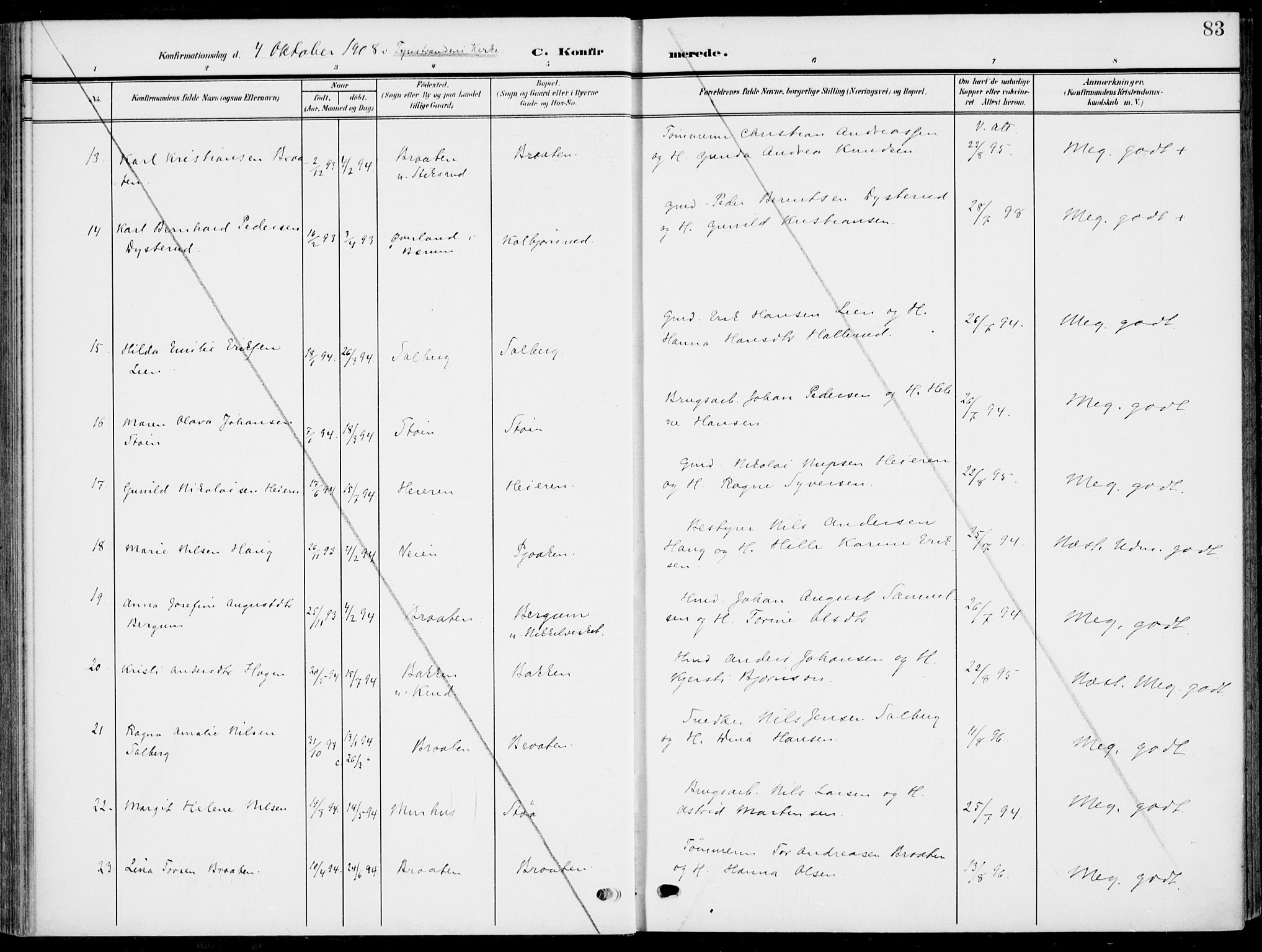 Hole kirkebøker, AV/SAKO-A-228/F/Fa/L0010: Parish register (official) no. I 10, 1907-1917, p. 83