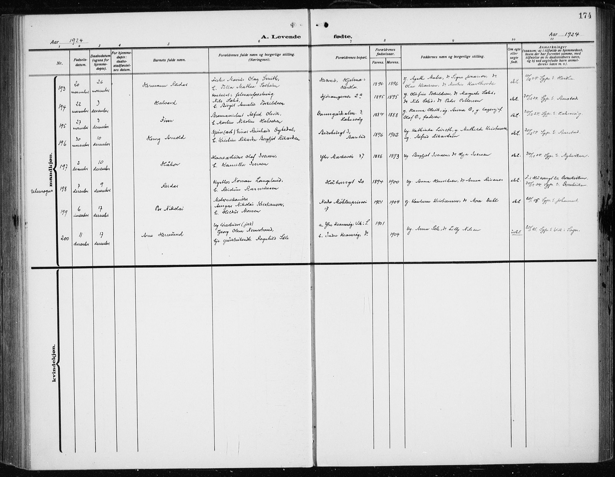 Fødselsstiftelsens sokneprestembete*, SAB/-: Parish register (official) no. A 5, 1918-1926, p. 174