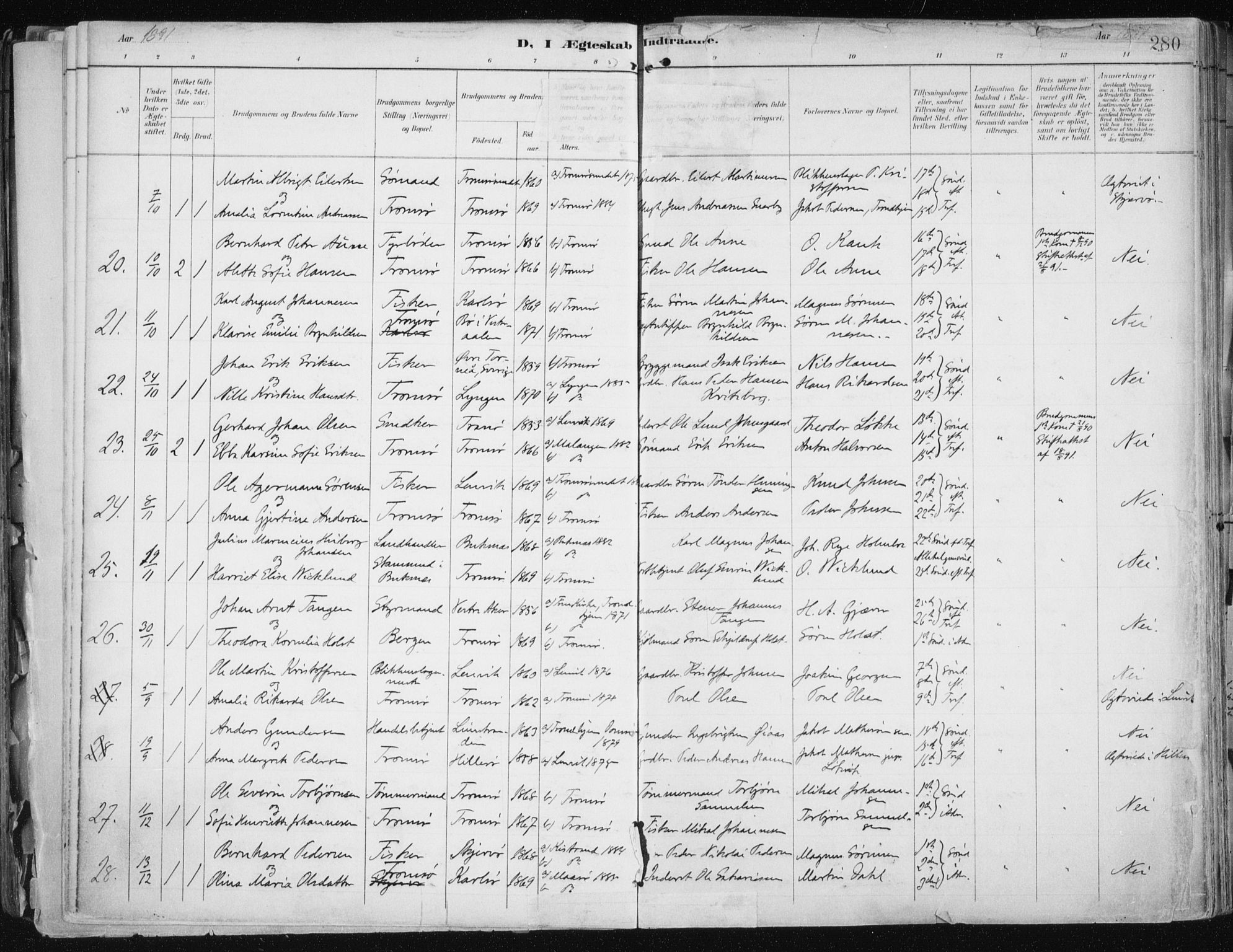 Tromsø sokneprestkontor/stiftsprosti/domprosti, AV/SATØ-S-1343/G/Ga/L0015kirke: Parish register (official) no. 15, 1889-1899, p. 280