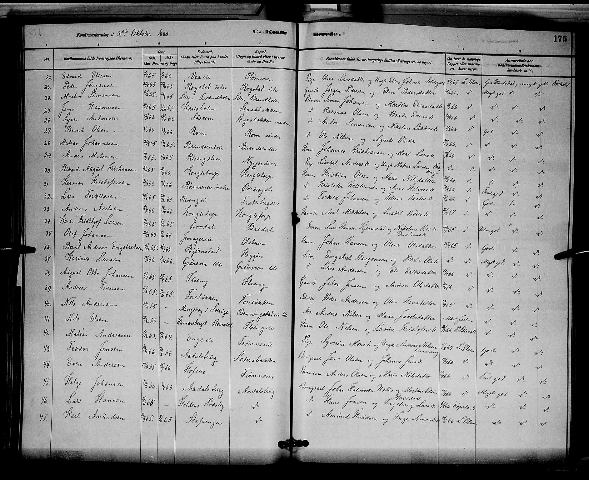 Løten prestekontor, SAH/PREST-022/L/La/L0005: Parish register (copy) no. 5, 1878-1891, p. 175