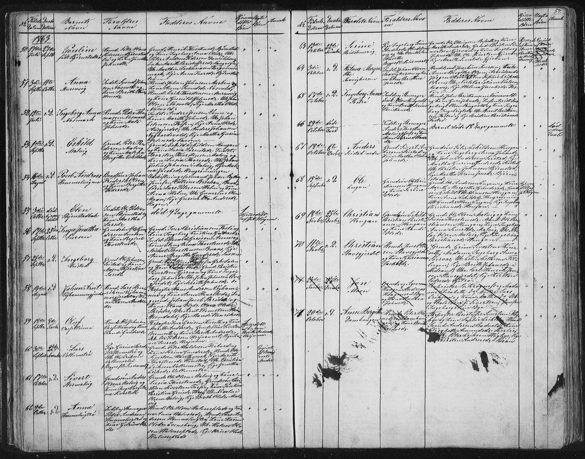 Ministerialprotokoller, klokkerbøker og fødselsregistre - Sør-Trøndelag, SAT/A-1456/616/L0406: Parish register (official) no. 616A03, 1843-1879, p. 57