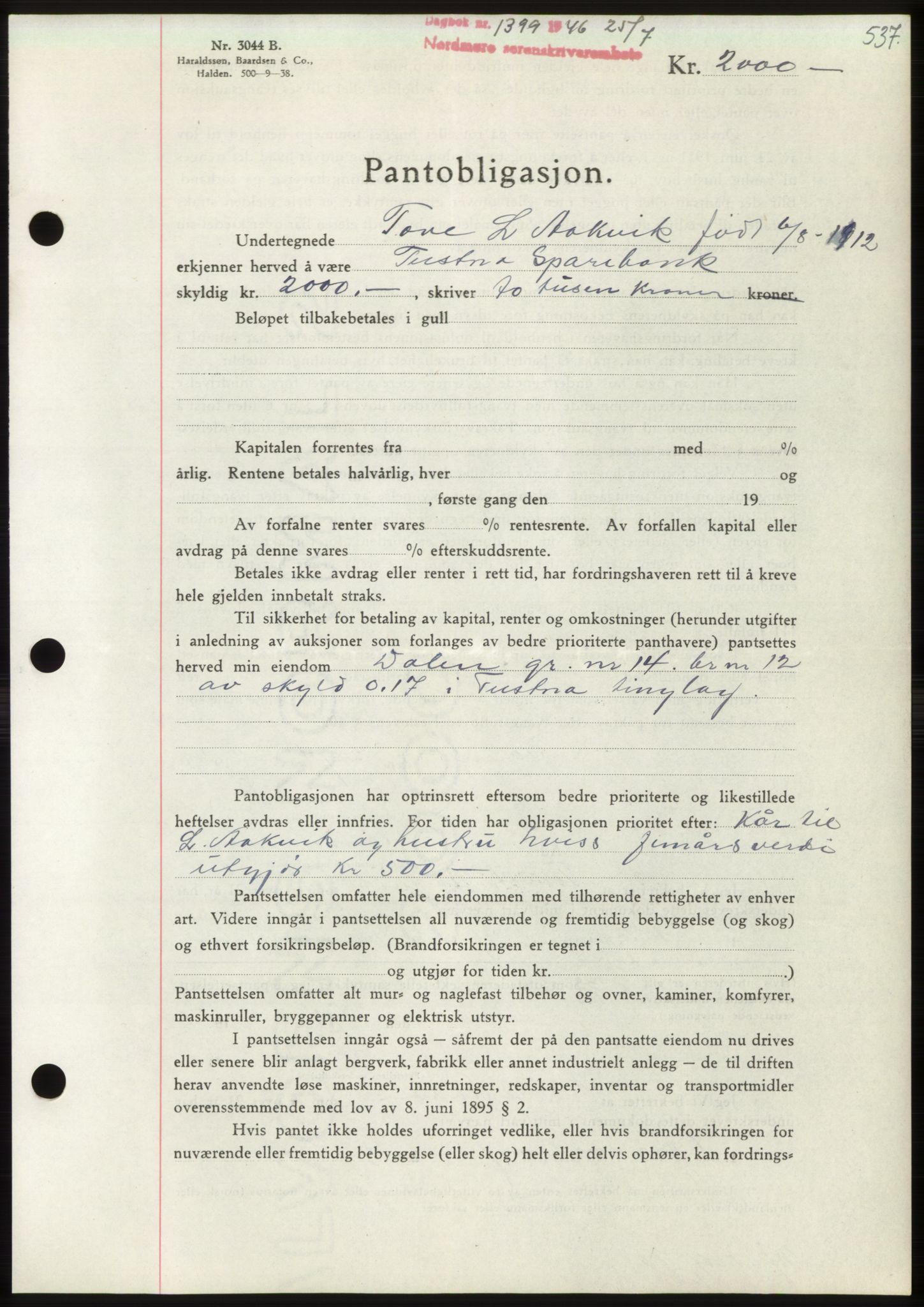 Nordmøre sorenskriveri, AV/SAT-A-4132/1/2/2Ca: Mortgage book no. B94, 1946-1946, Diary no: : 1399/1946