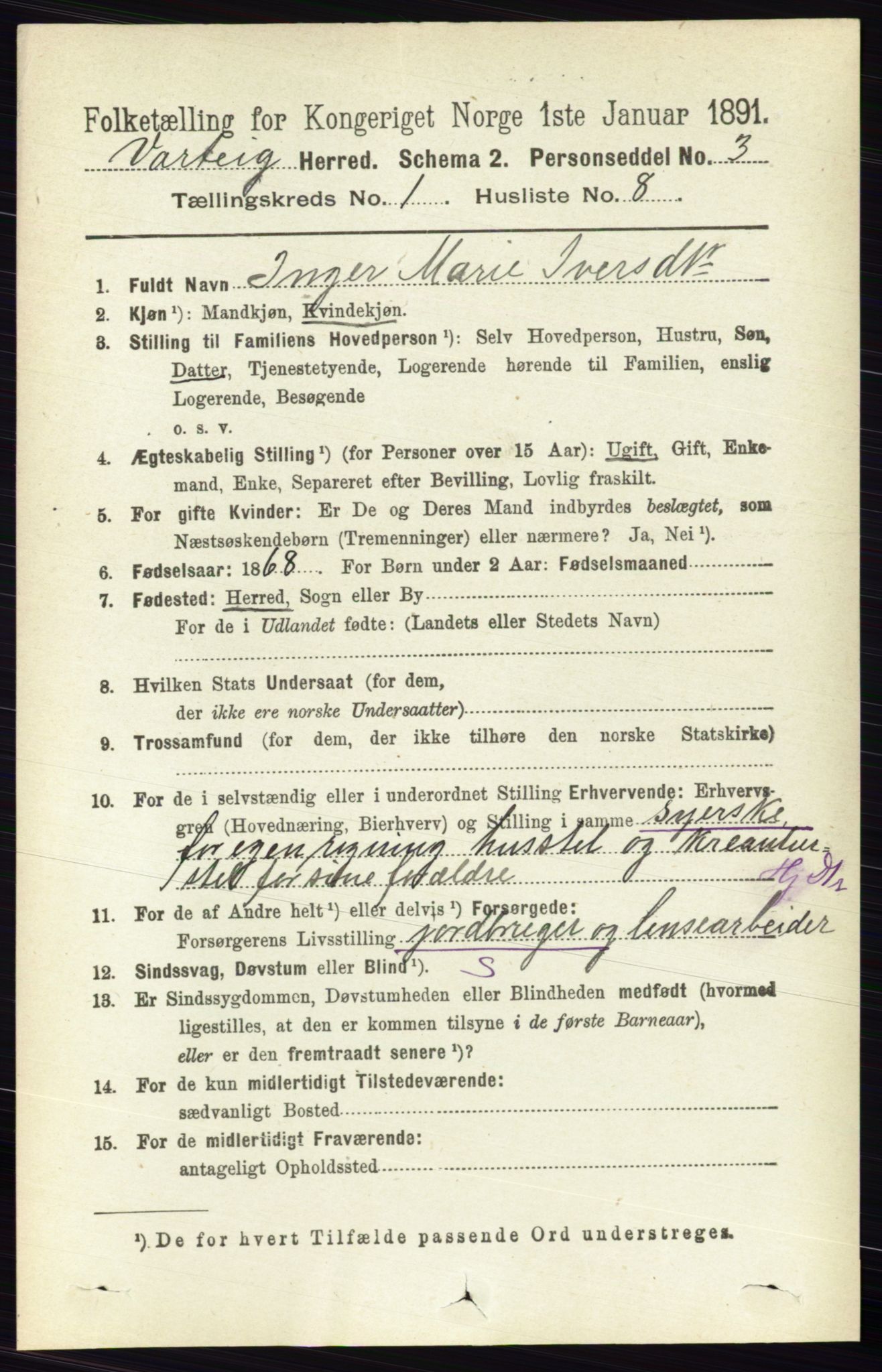 RA, 1891 census for 0114 Varteig, 1891, p. 139