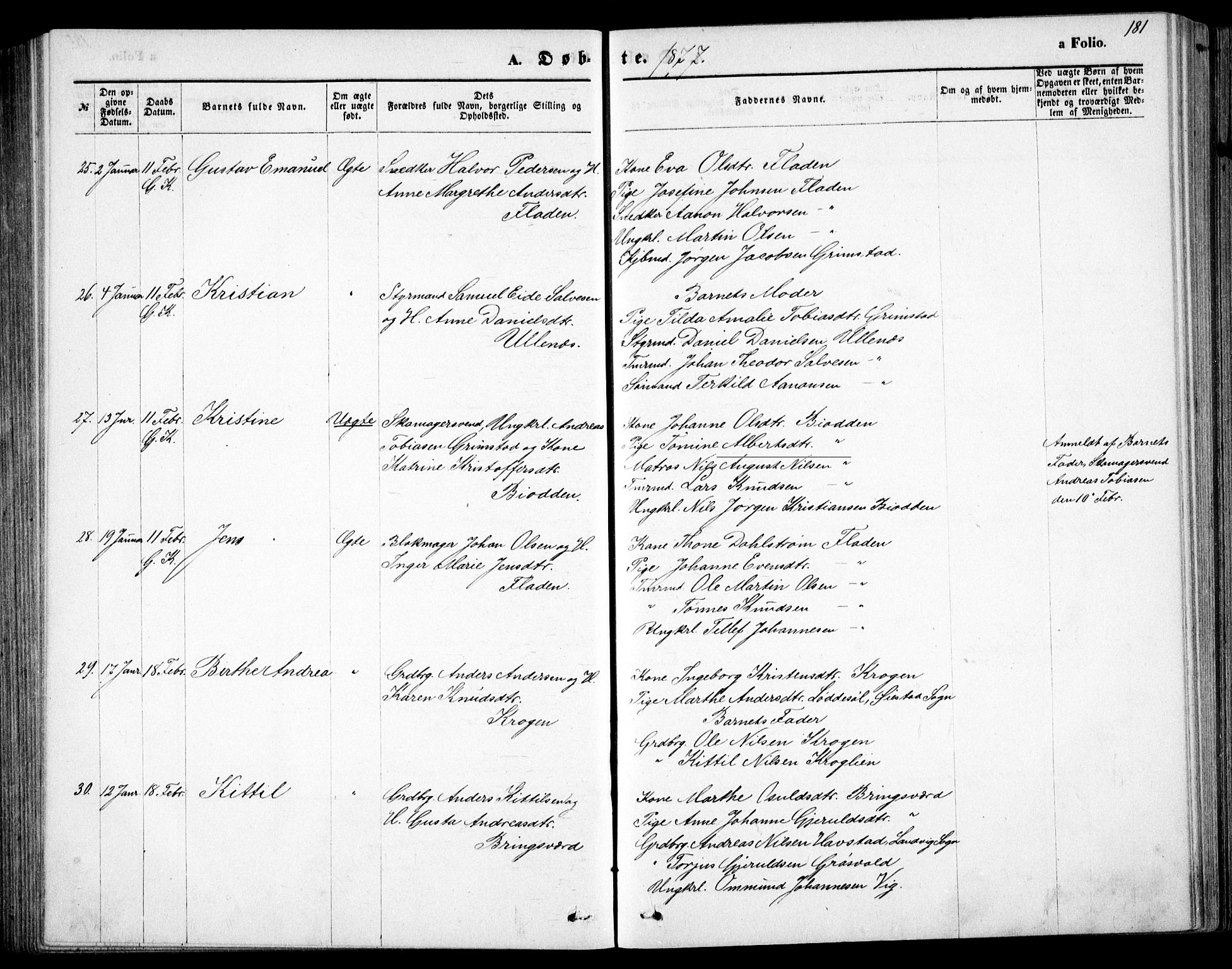 Fjære sokneprestkontor, AV/SAK-1111-0011/F/Fb/L0010: Parish register (copy) no. B 10, 1871-1880, p. 181