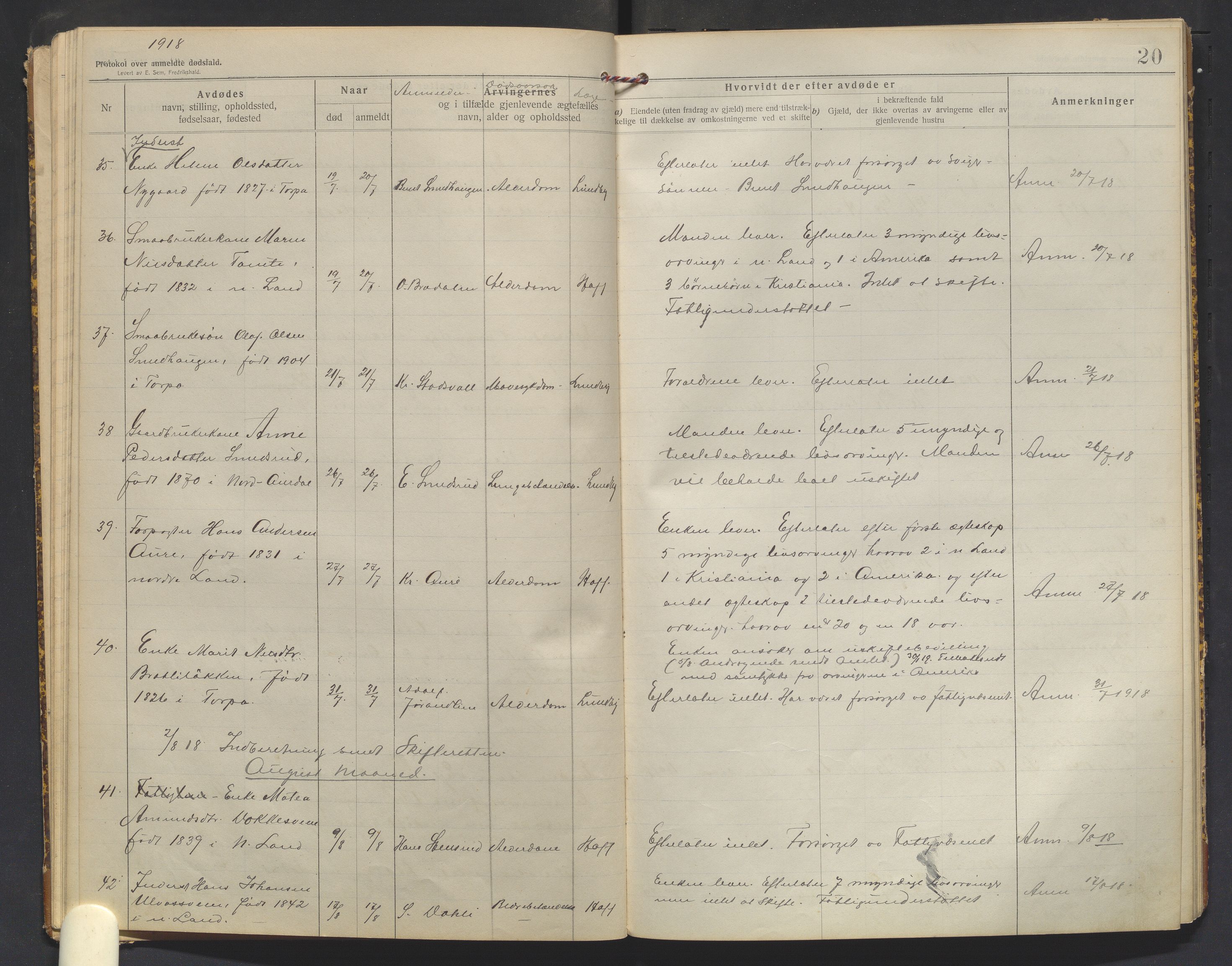 Nordre Land lensmannskontor, AV/SAH-LON-013/H/Ha/Haa/L0001/0003: Dødsfallsprotokoller / Dødsfallsprotokoll, 1916-1921, p. 20