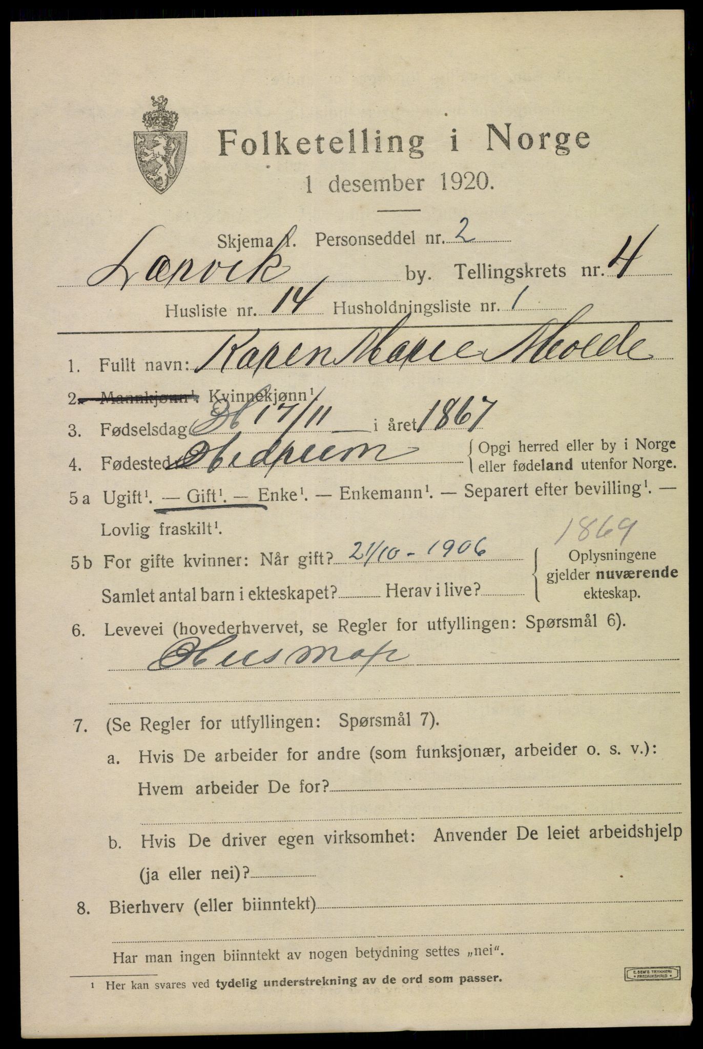 SAKO, 1920 census for Larvik, 1920, p. 13654