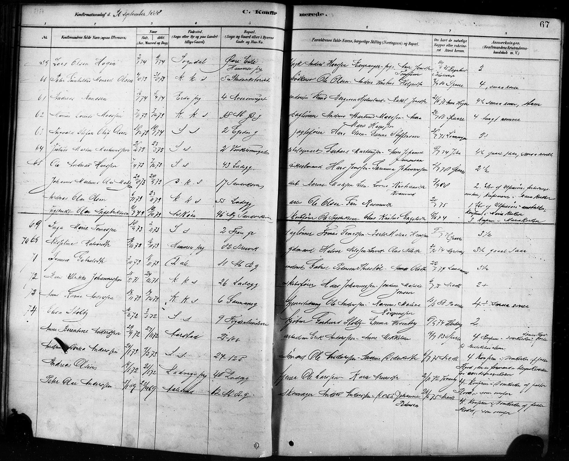 Sandviken Sokneprestembete, SAB/A-77601/H/Ha/L0002: Parish register (official) no. A 2, 1878-1896, p. 67