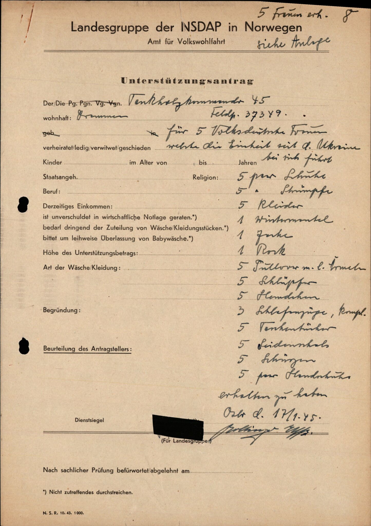 Forsvarets Overkommando. 2 kontor. Arkiv 11.4. Spredte tyske arkivsaker, AV/RA-RAFA-7031/D/Dar/Darb/L0015: Reichskommissariat - NSDAP in Norwegen, 1938-1945, p. 665
