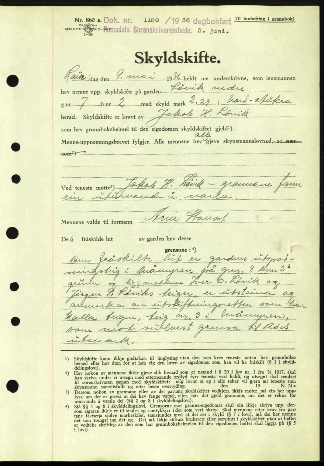 Romsdal sorenskriveri, AV/SAT-A-4149/1/2/2C: Mortgage book no. A1, 1936-1936, Diary no: : 1180/1936