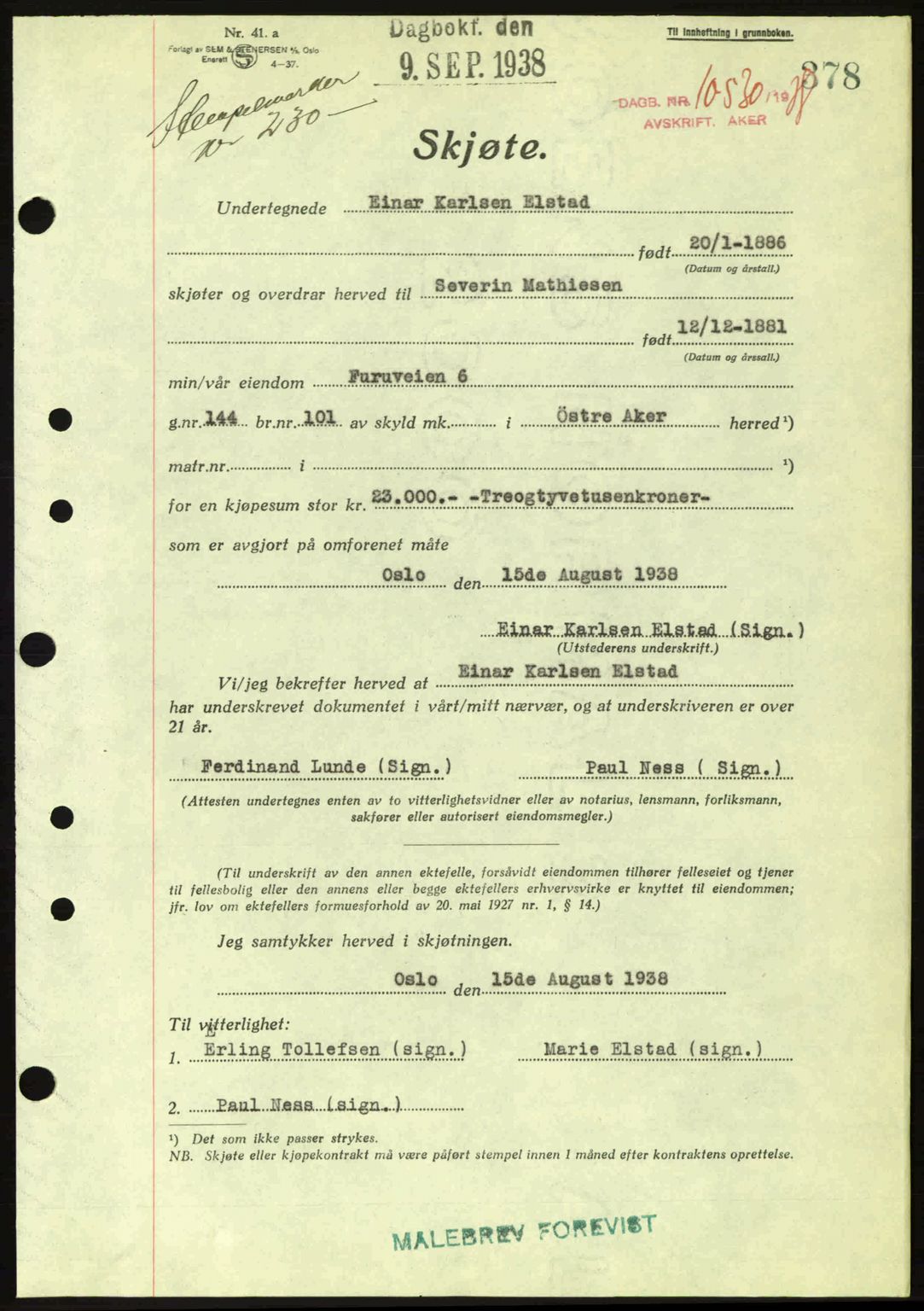 Aker herredsskriveri, SAO/A-10896/G/Gb/Gba/Gbab/L0025: Mortgage book no. A154-155, 1938-1938, Diary no: : 10530/1938