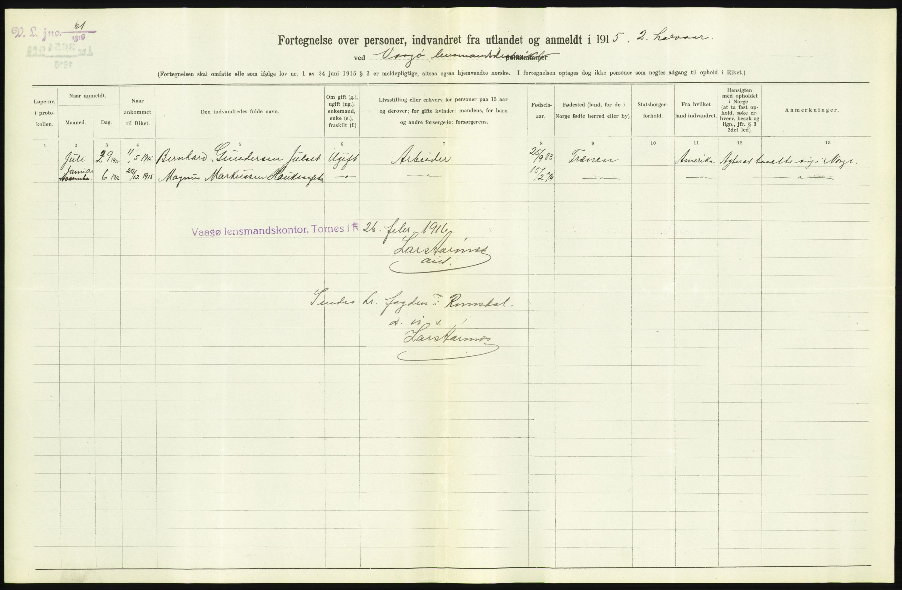 Statistisk sentralbyrå, Sosioøkonomiske emner, Folketellinger, boliger og boforhold, AV/RA-S-2231/F/Fa/L0001: Innvandring. Navn/fylkesvis, 1915, p. 486