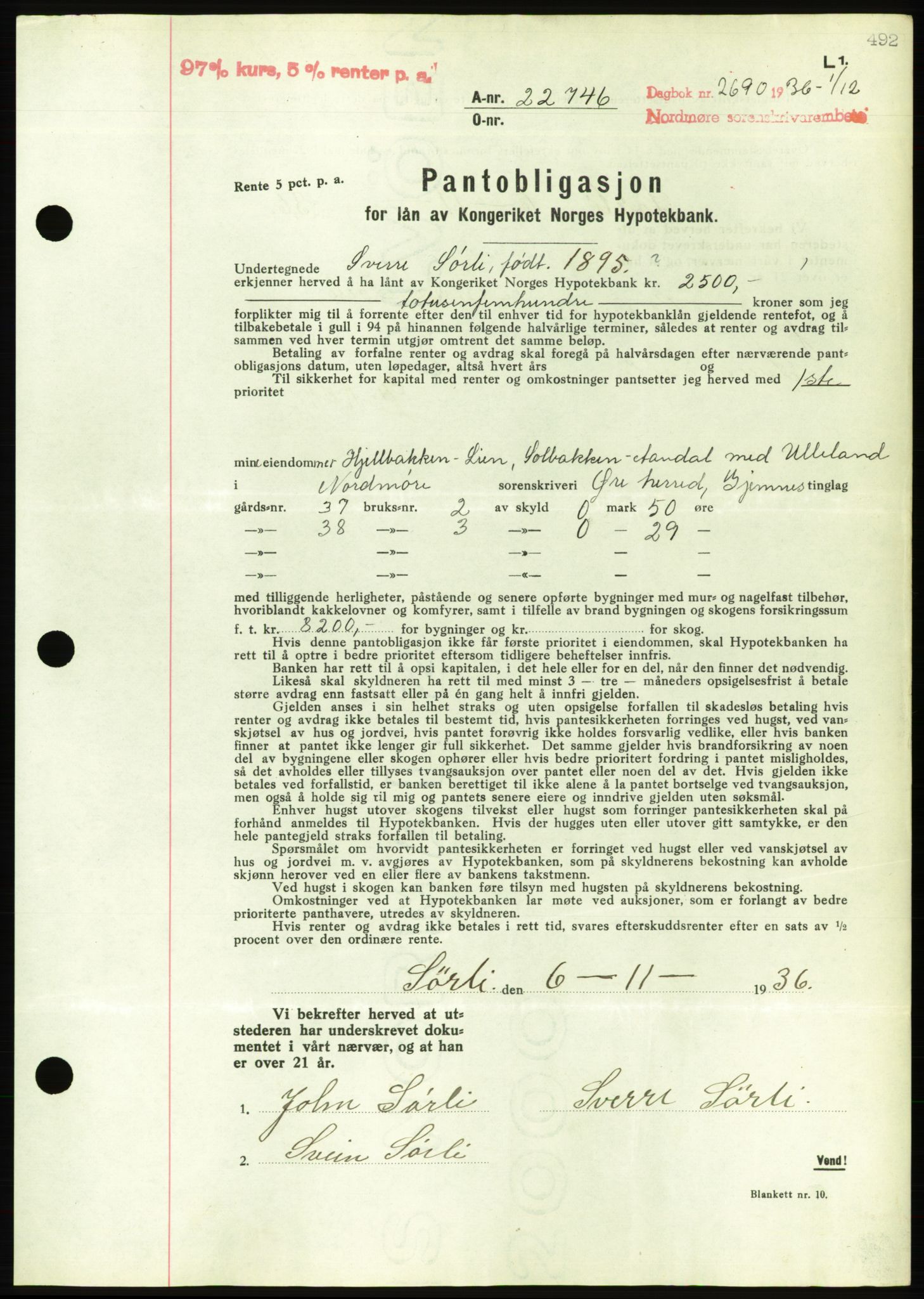 Nordmøre sorenskriveri, AV/SAT-A-4132/1/2/2Ca/L0090: Mortgage book no. B80, 1936-1937, Diary no: : 2690/1936