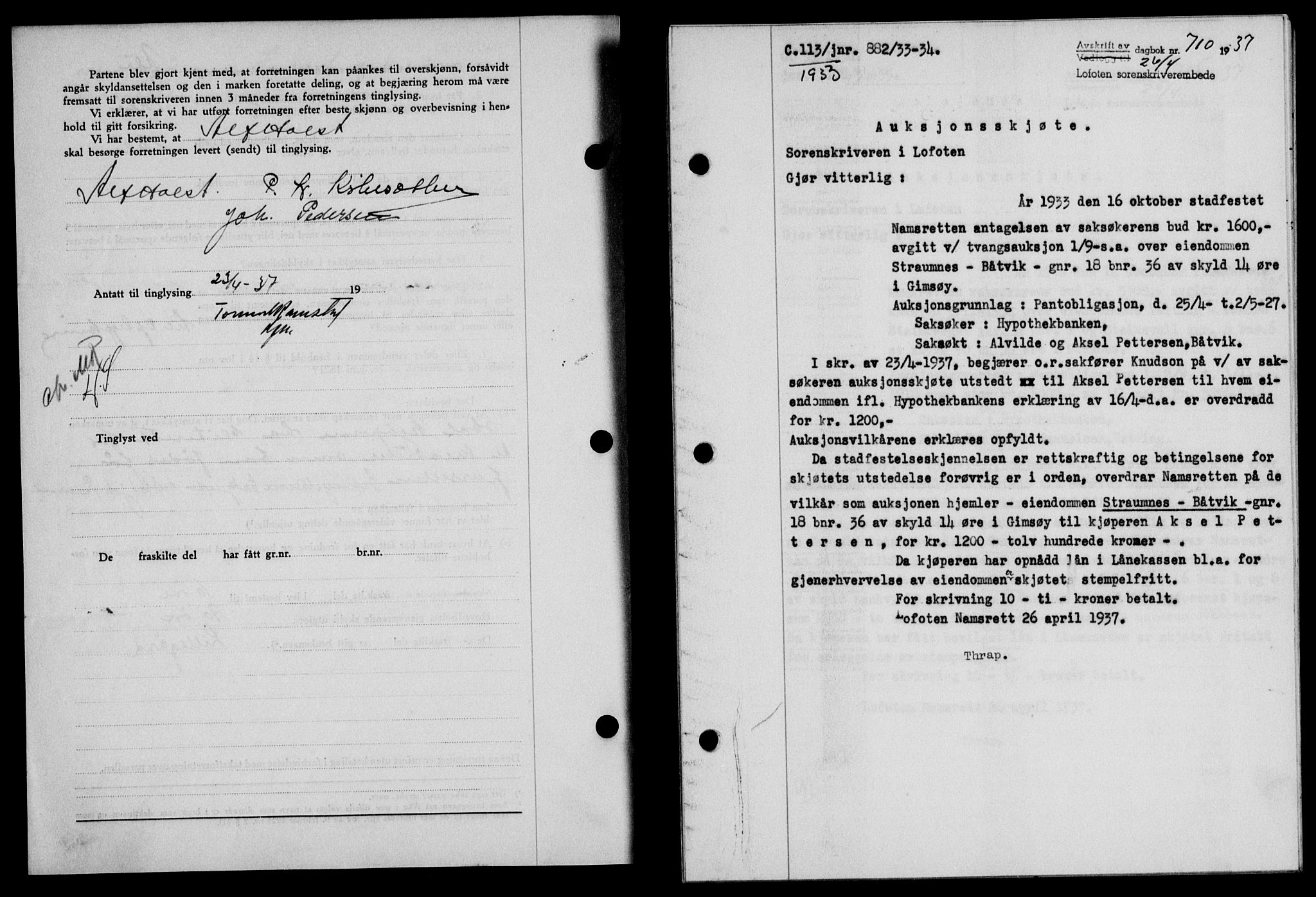 Lofoten sorenskriveri, SAT/A-0017/1/2/2C/L0002a: Mortgage book no. 2a, 1937-1937, Diary no: : 710/1937
