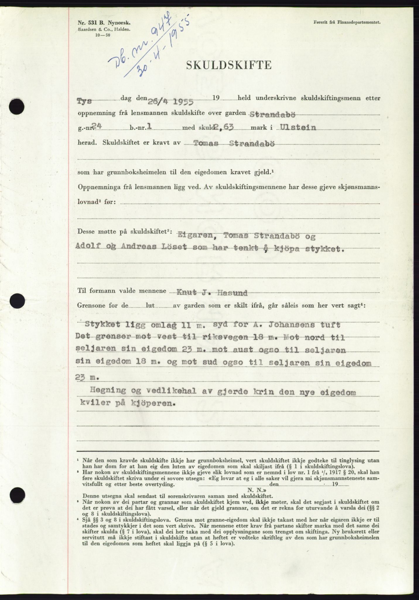 Søre Sunnmøre sorenskriveri, AV/SAT-A-4122/1/2/2C/L0100: Mortgage book no. 26A, 1954-1955, Diary no: : 947/1955