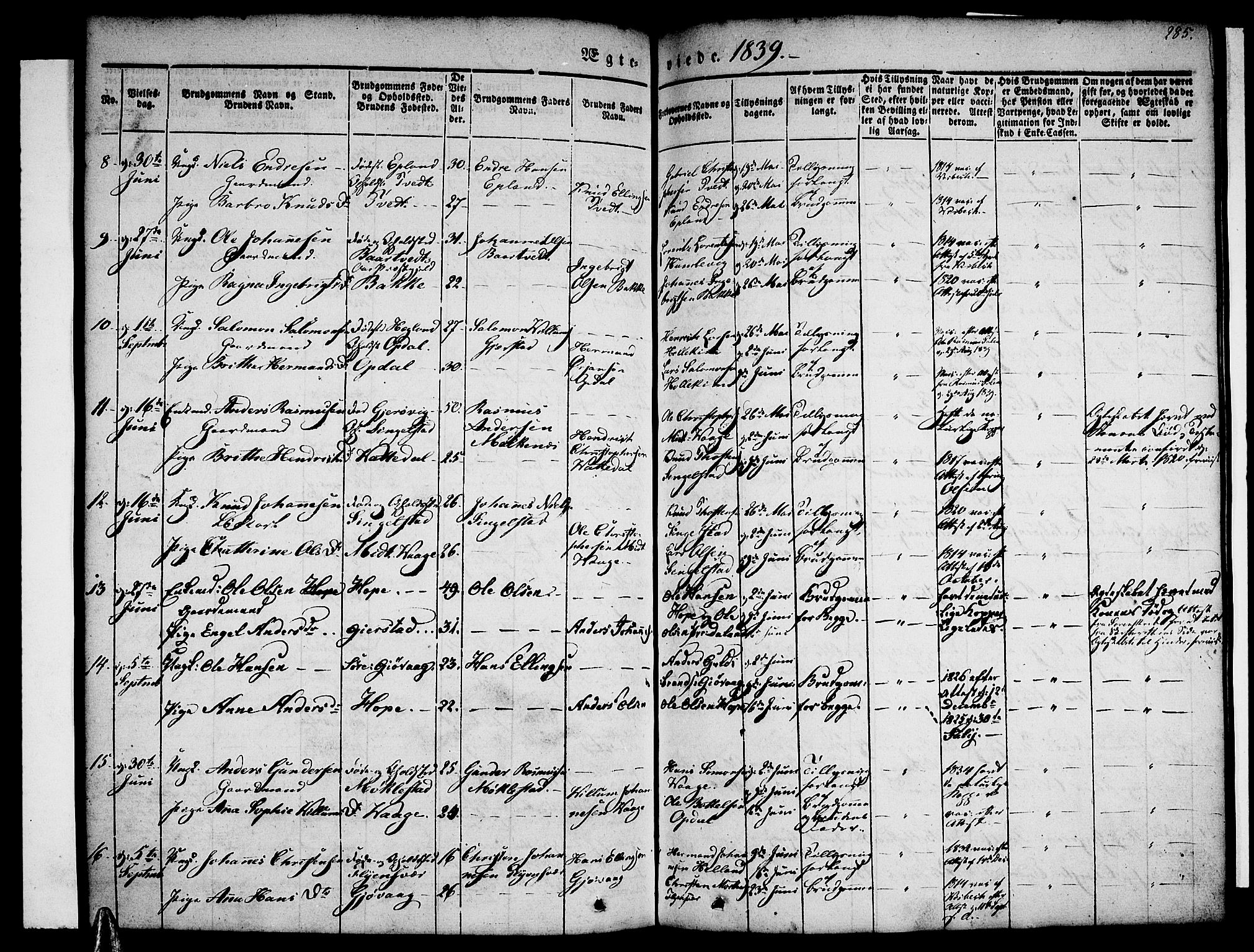 Tysnes sokneprestembete, AV/SAB-A-78601/H/Haa: Parish register (official) no. A 9, 1837-1848, p. 285