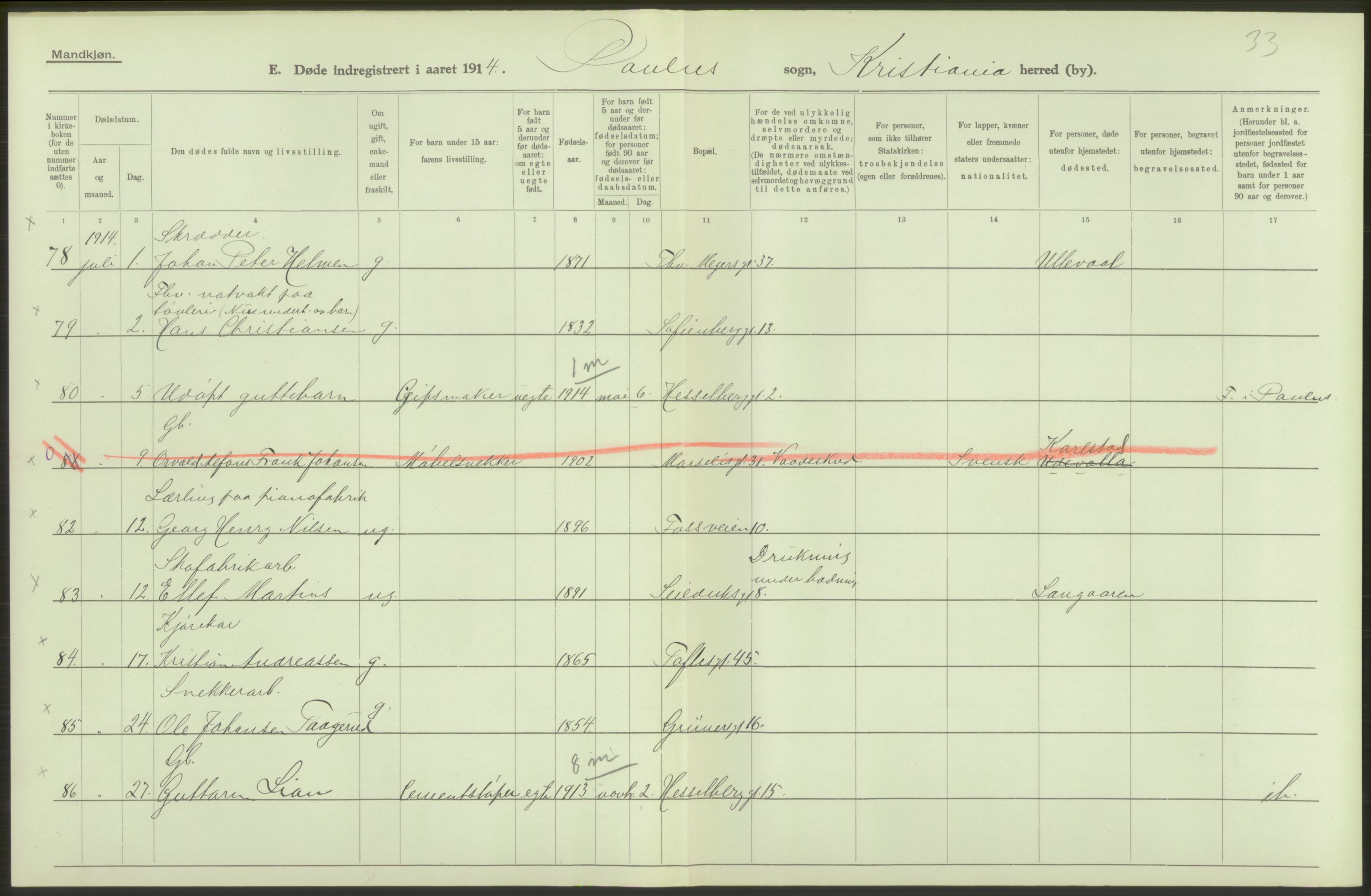 Statistisk sentralbyrå, Sosiodemografiske emner, Befolkning, AV/RA-S-2228/D/Df/Dfb/Dfbd/L0008: Kristiania: Døde, 1914, p. 258