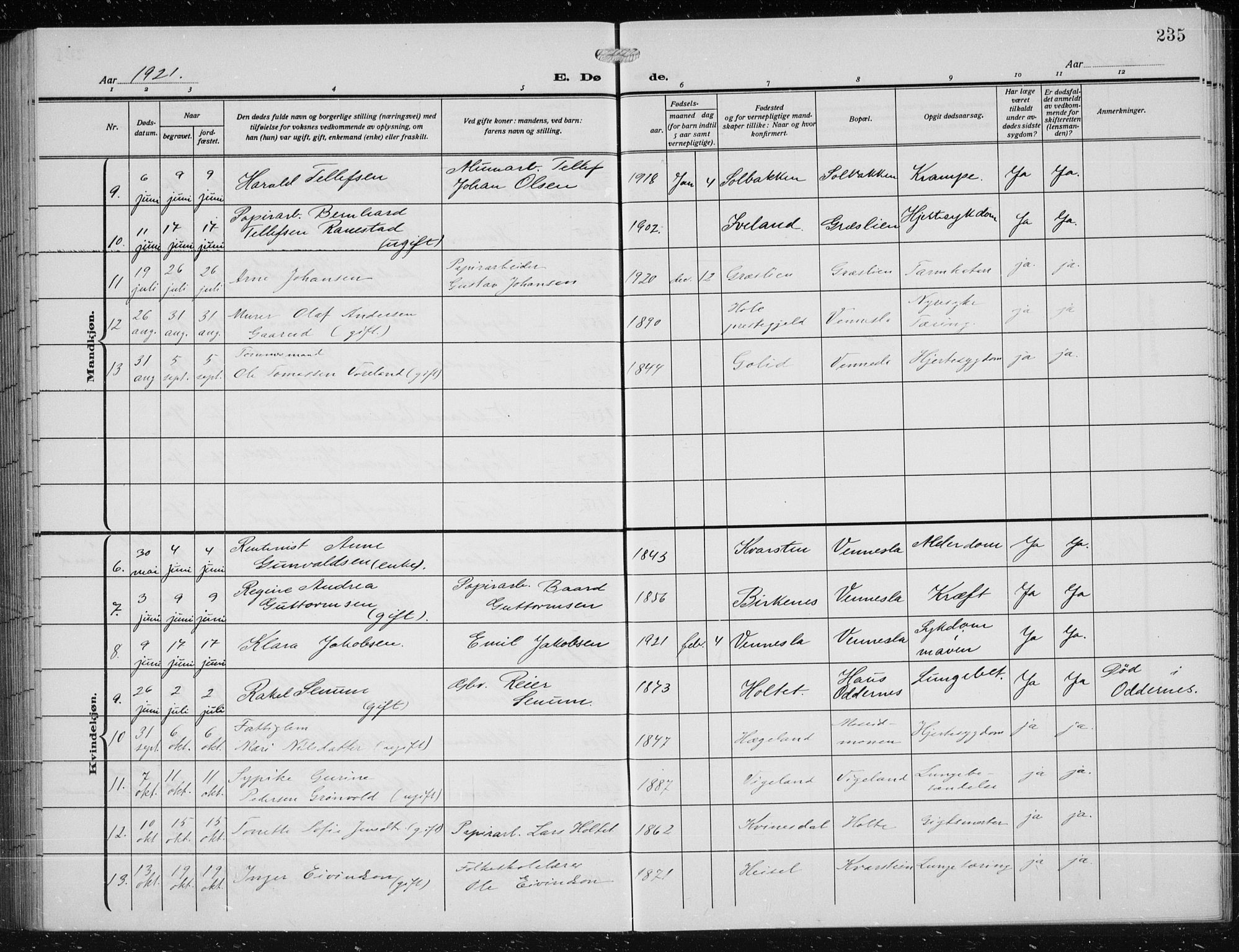 Vennesla sokneprestkontor, SAK/1111-0045/Fb/Fbb/L0006: Parish register (copy) no. B 6, 1914-1921, p. 235