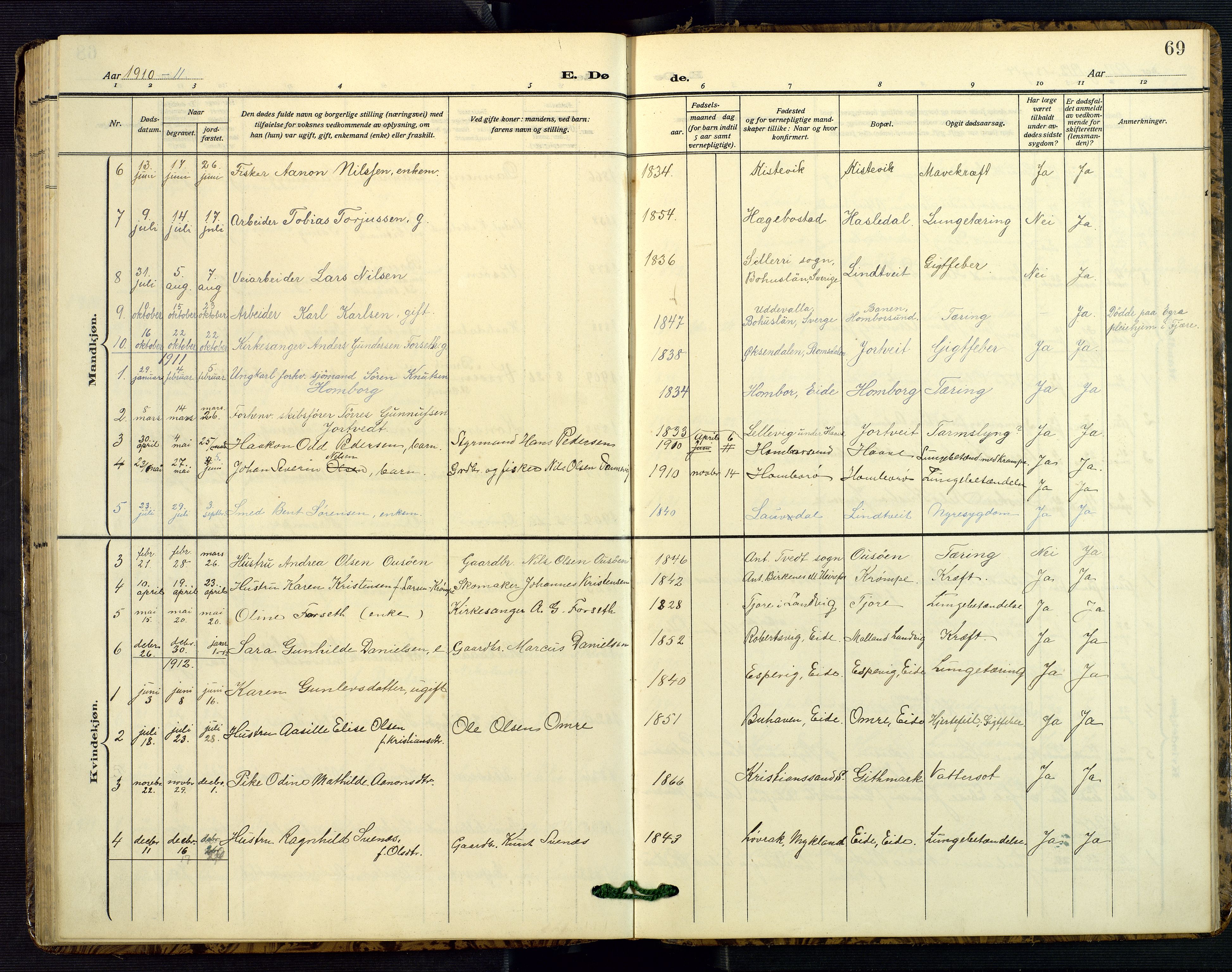 Hommedal sokneprestkontor, AV/SAK-1111-0023/F/Fb/Fba/L0005: Parish register (copy) no. B 5, 1909-1957, p. 69