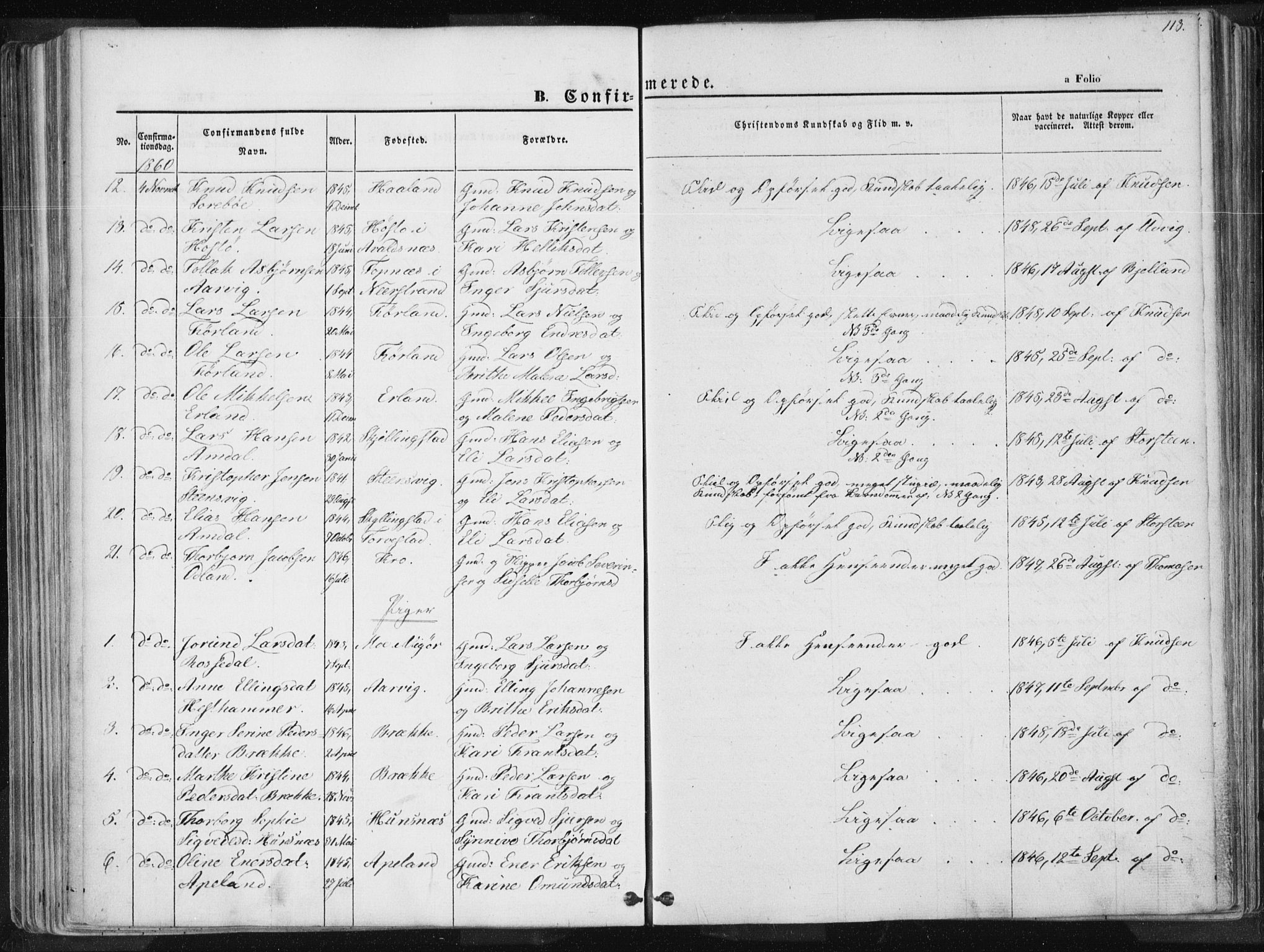 Tysvær sokneprestkontor, SAST/A -101864/H/Ha/Haa/L0003: Parish register (official) no. A 3, 1856-1865, p. 113