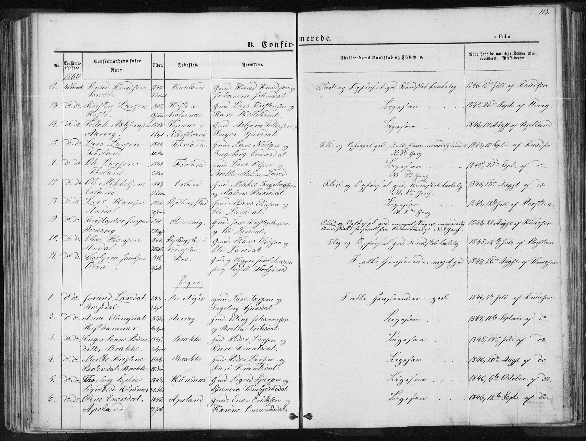 Tysvær sokneprestkontor, AV/SAST-A -101864/H/Ha/Haa/L0003: Parish register (official) no. A 3, 1856-1865, p. 113