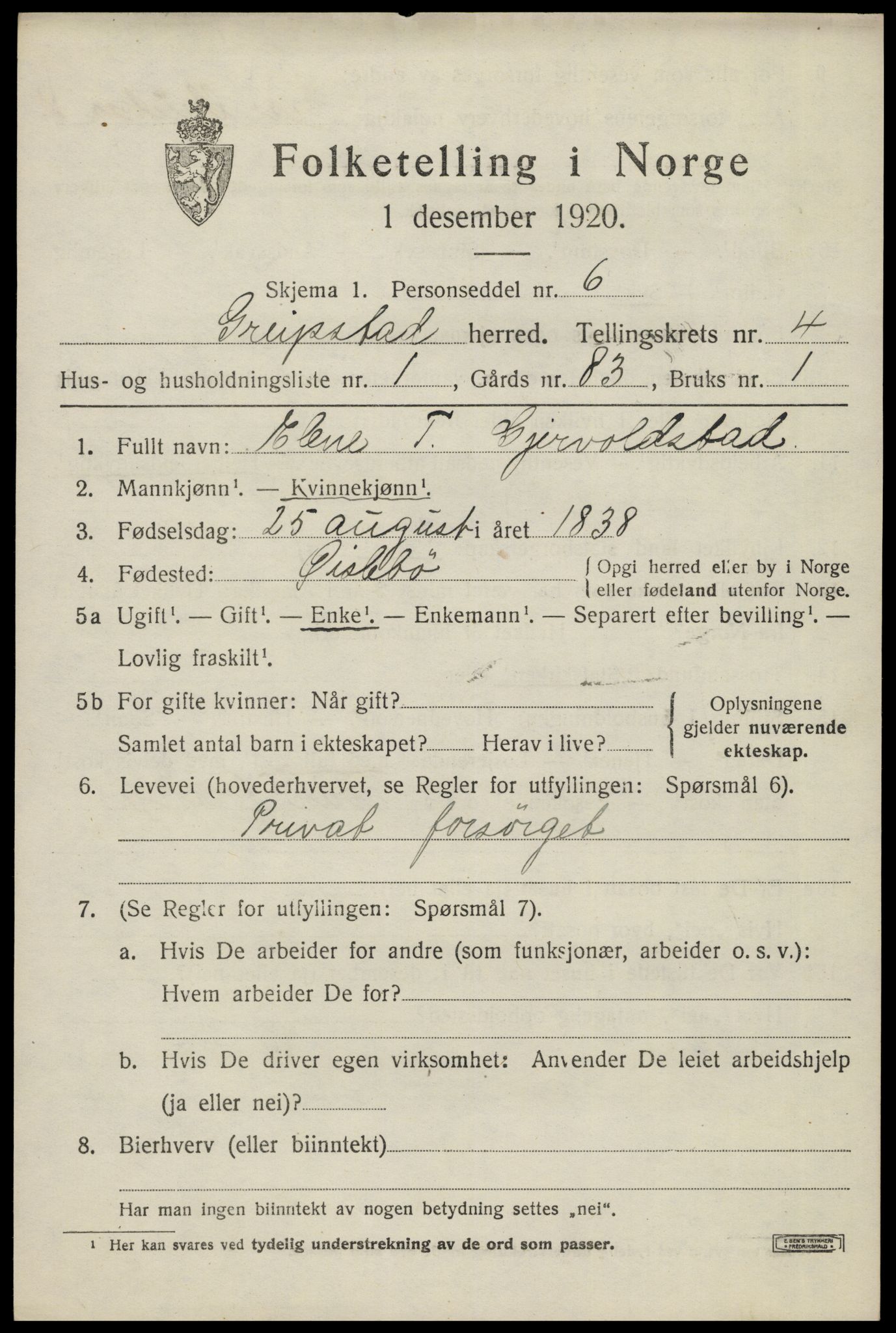 SAK, 1920 census for Greipstad, 1920, p. 1508