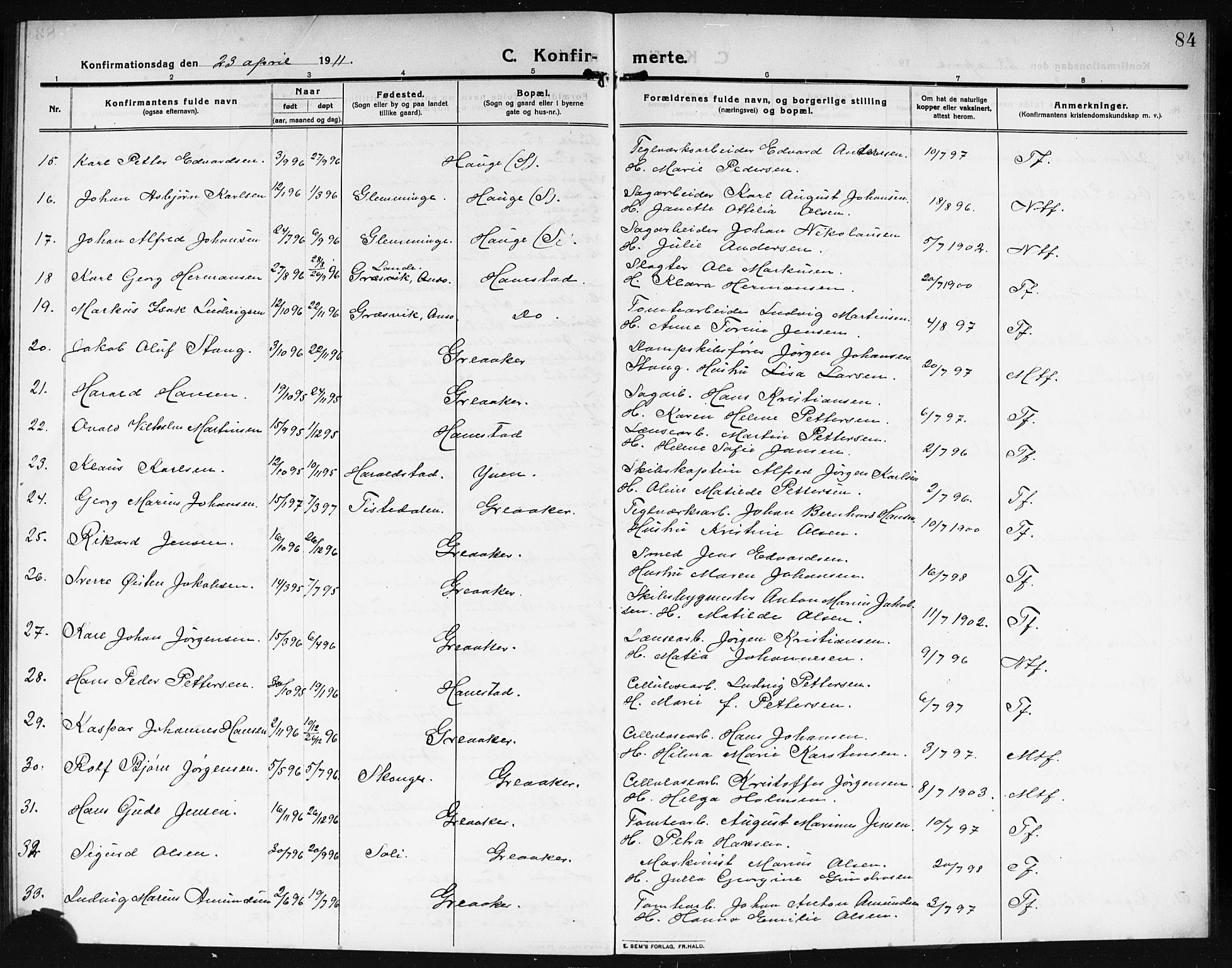 Rolvsøy prestekontor Kirkebøker, AV/SAO-A-2004/G/Ga/L0001: Parish register (copy) no. 1, 1911-1920, p. 84