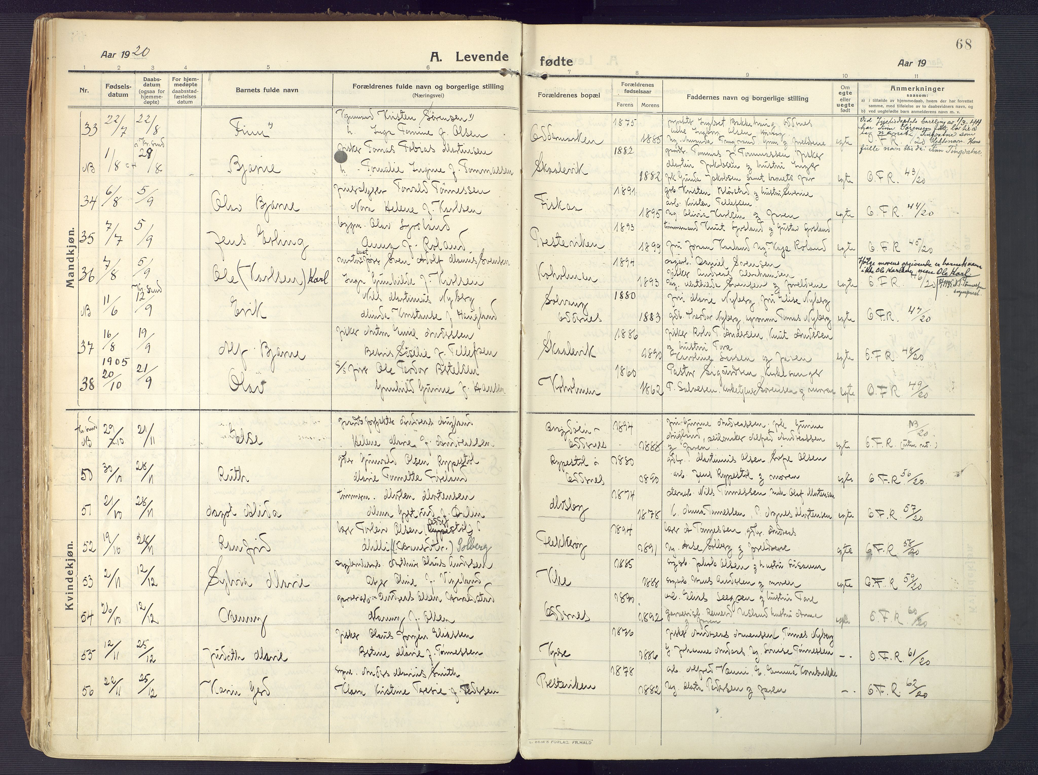 Oddernes sokneprestkontor, AV/SAK-1111-0033/F/Fa/Faa/L0012: Parish register (official) no. A 12, 1912-1925, p. 68