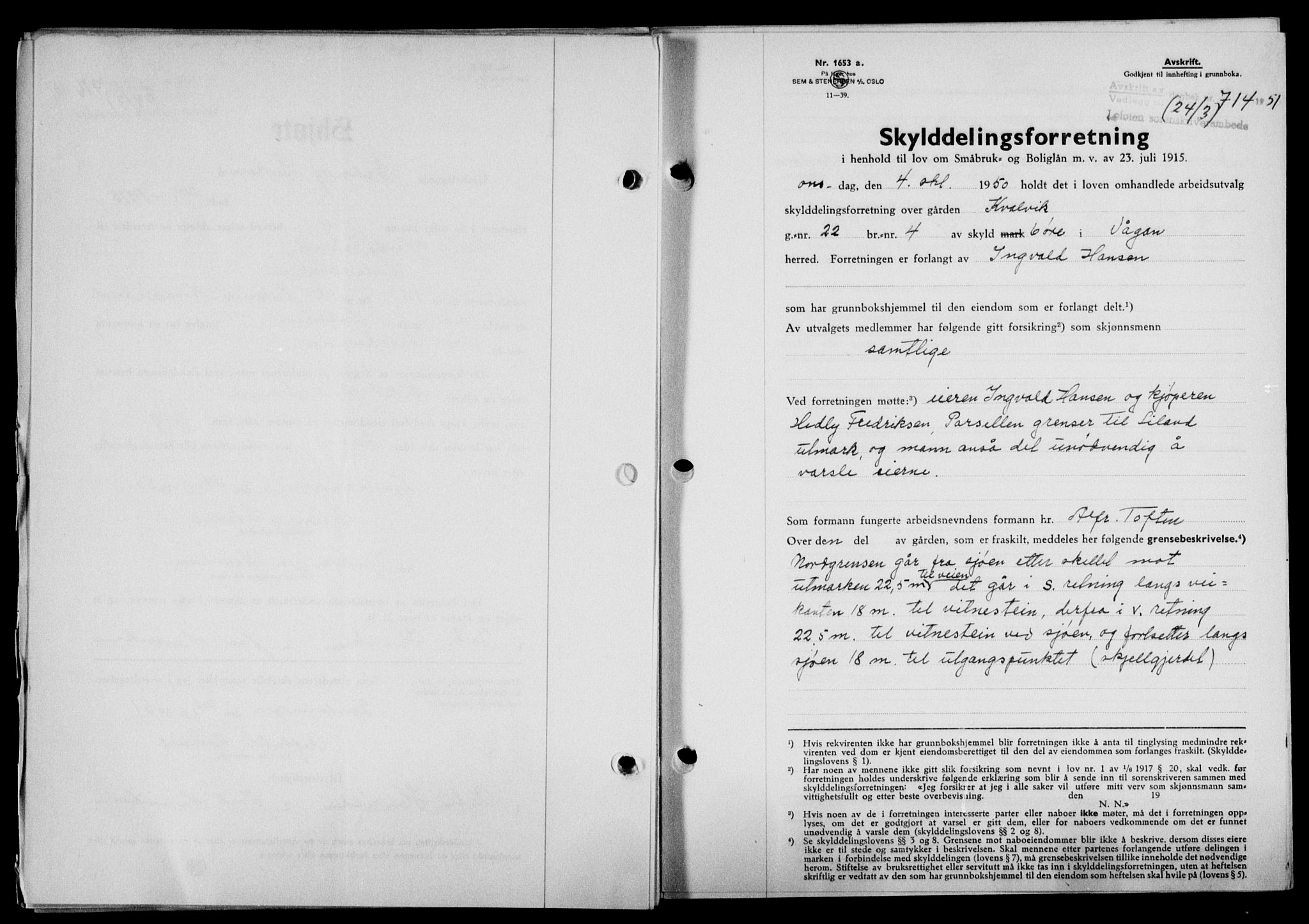 Lofoten sorenskriveri, SAT/A-0017/1/2/2C/L0025a: Mortgage book no. 25a, 1950-1951, Diary no: : 714/1951