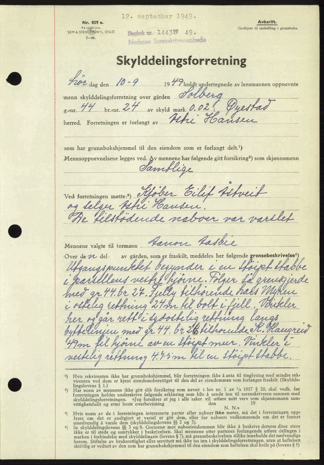 Nedenes sorenskriveri, AV/SAK-1221-0006/G/Gb/Gba/L0061: Mortgage book no. A13, 1949-1949, Diary no: : 1443/1949