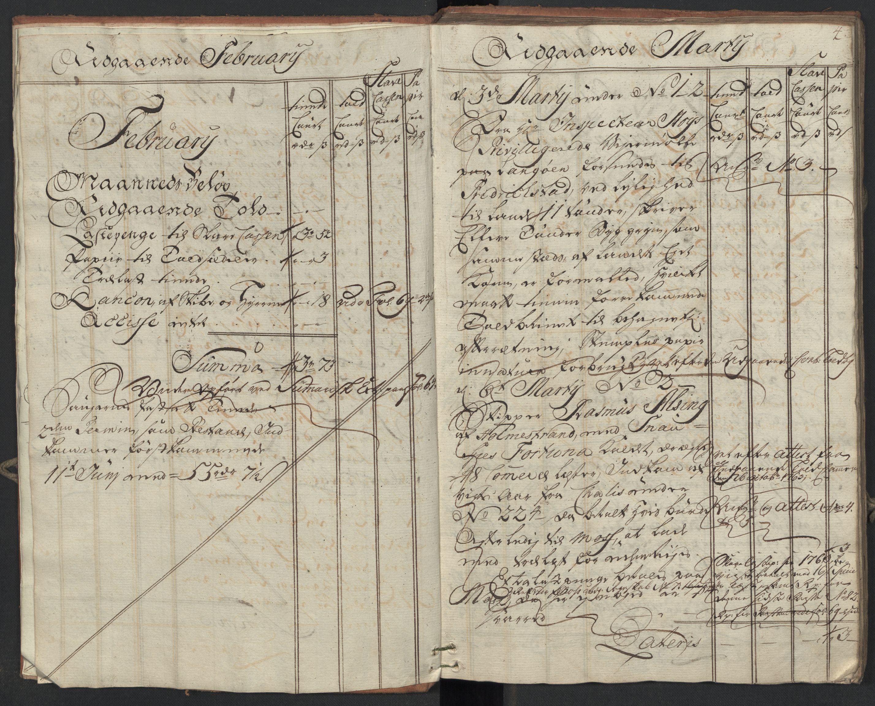 Generaltollkammeret, tollregnskaper, AV/RA-EA-5490/R09/L0038/0001: Tollregnskaper Holmestrand / Utgående hovedtollbok, 1764, p. 3b-4a