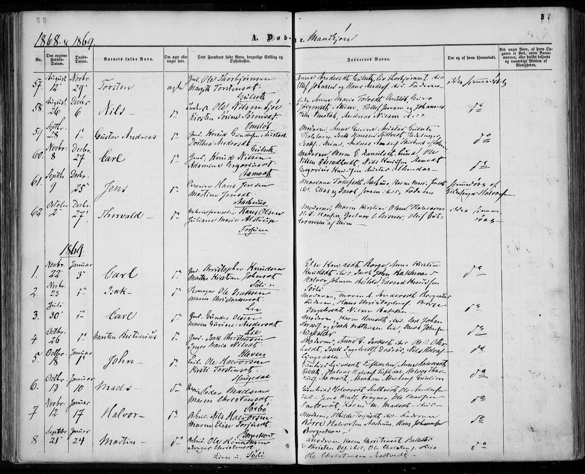Gjerpen kirkebøker, SAKO/A-265/F/Fa/L0008a: Parish register (official) no. I 8A, 1857-1871, p. 57