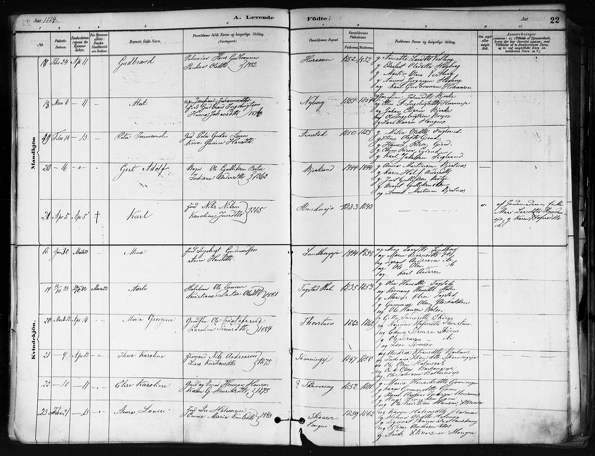 Nes prestekontor Kirkebøker, AV/SAO-A-10410/F/Fa/L0010: Parish register (official) no. I 10, 1883-1898, p. 22