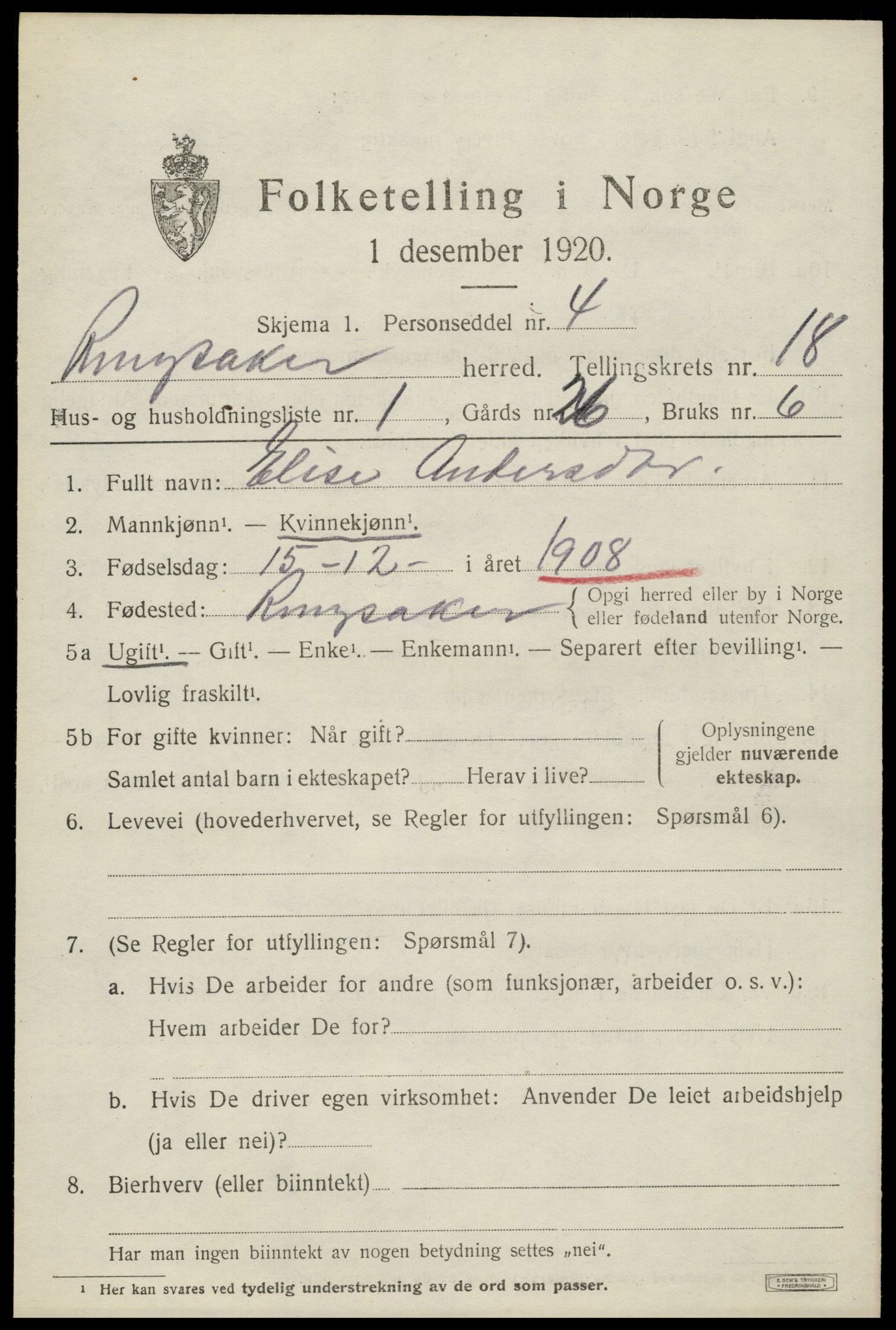 SAH, 1920 census for Ringsaker, 1920, p. 25066