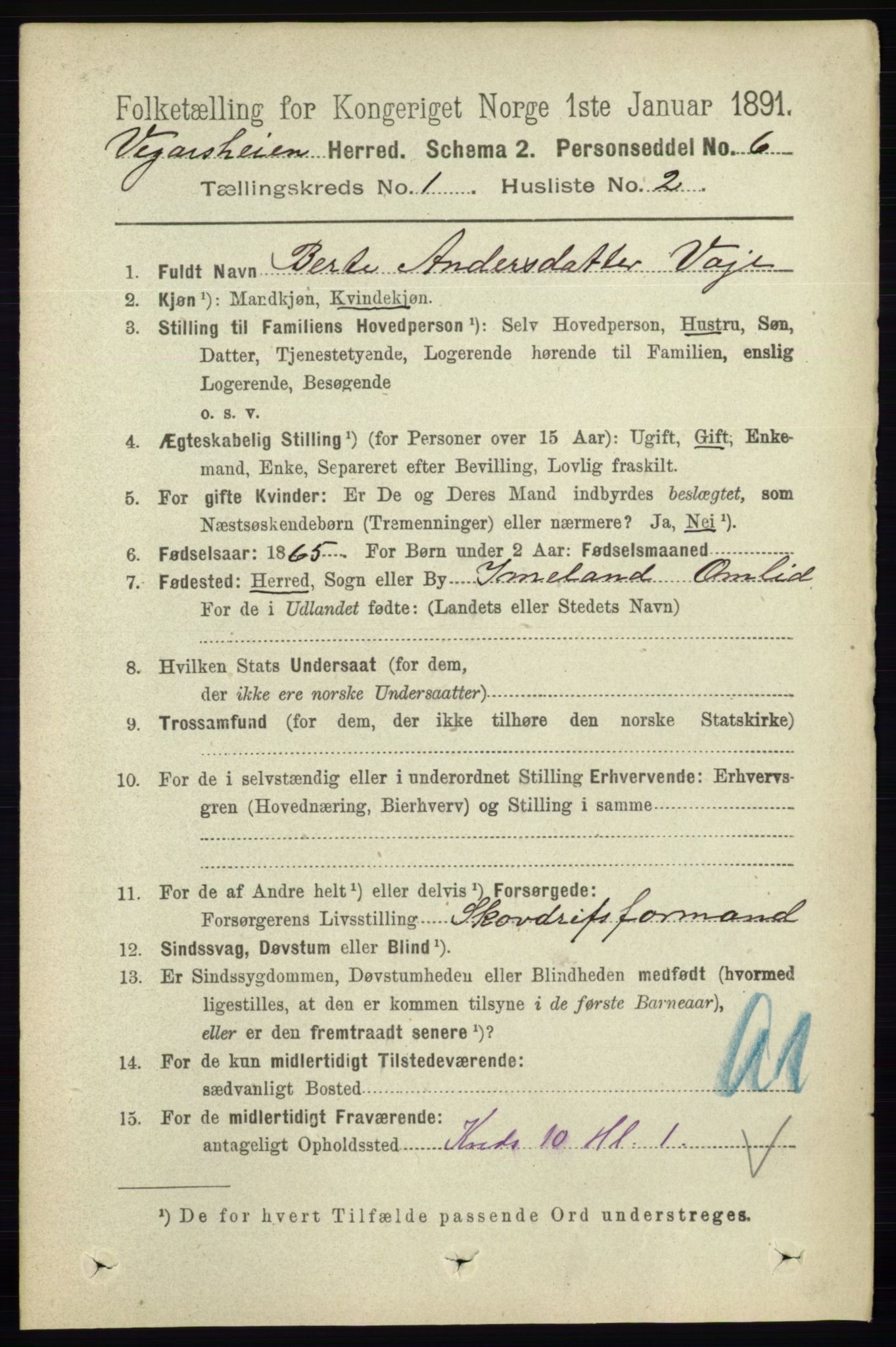 RA, 1891 census for 0912 Vegårshei, 1891, p. 78