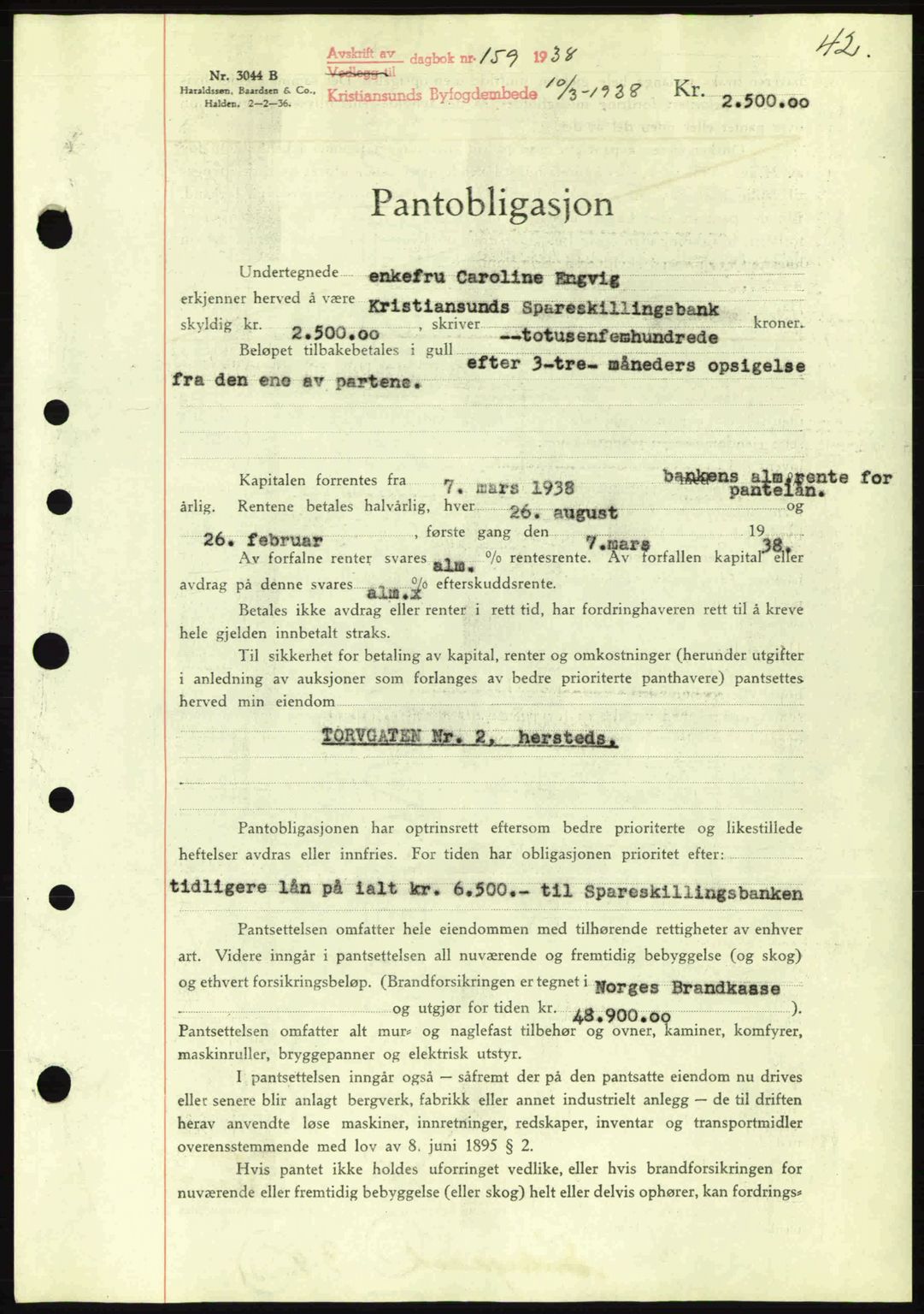 Kristiansund byfogd, SAT/A-4587/A/27: Mortgage book no. 31, 1938-1939, Diary no: : 159/1938
