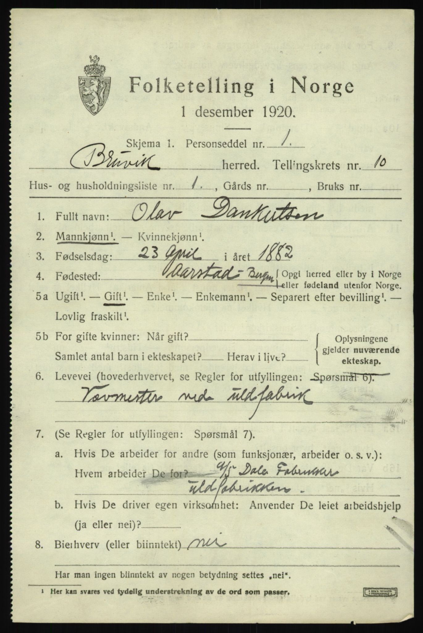 SAB, 1920 census for Bruvik, 1920, p. 6910