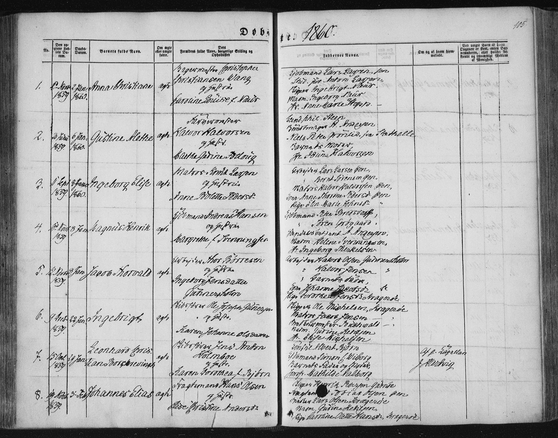 Kragerø kirkebøker, SAKO/A-278/F/Fa/L0006: Parish register (official) no. 6, 1847-1861, p. 105