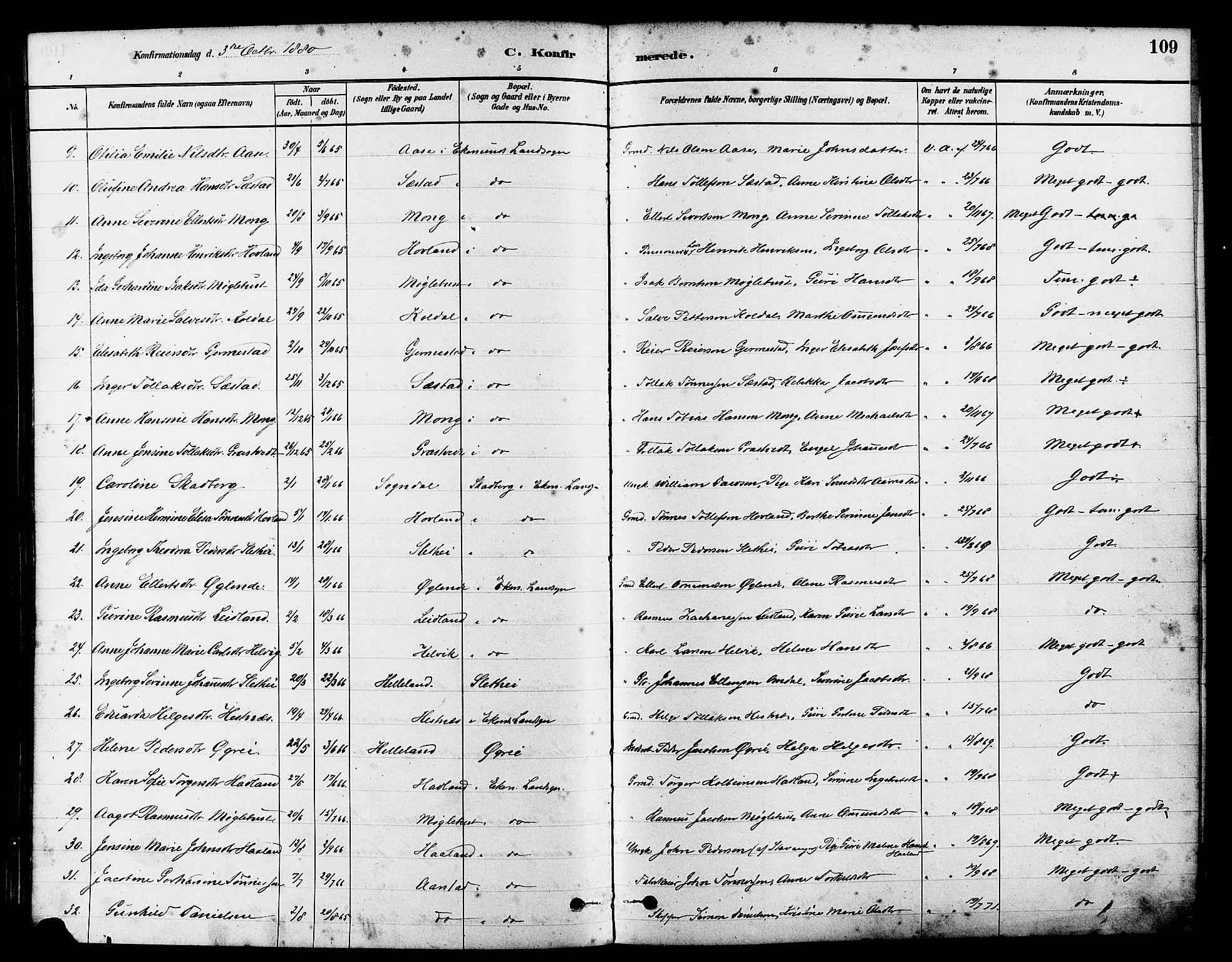 Eigersund sokneprestkontor, AV/SAST-A-101807/S08/L0017: Parish register (official) no. A 14, 1879-1892, p. 109