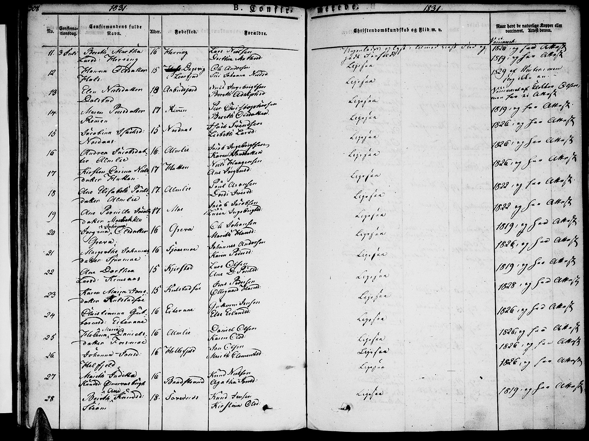 Ministerialprotokoller, klokkerbøker og fødselsregistre - Nordland, AV/SAT-A-1459/820/L0289: Parish register (official) no. 820A10, 1826-1845, p. 308