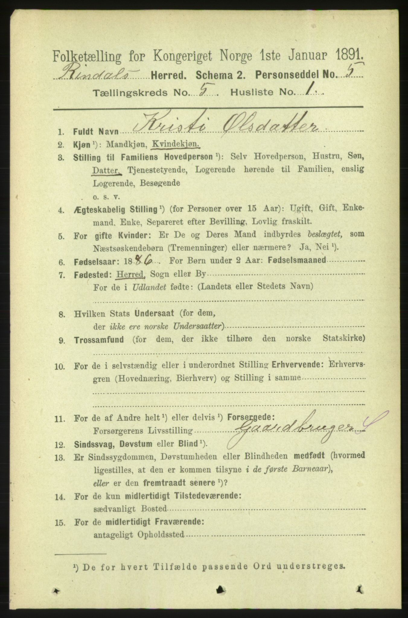 RA, 1891 census for 1567 Rindal, 1891, p. 1587