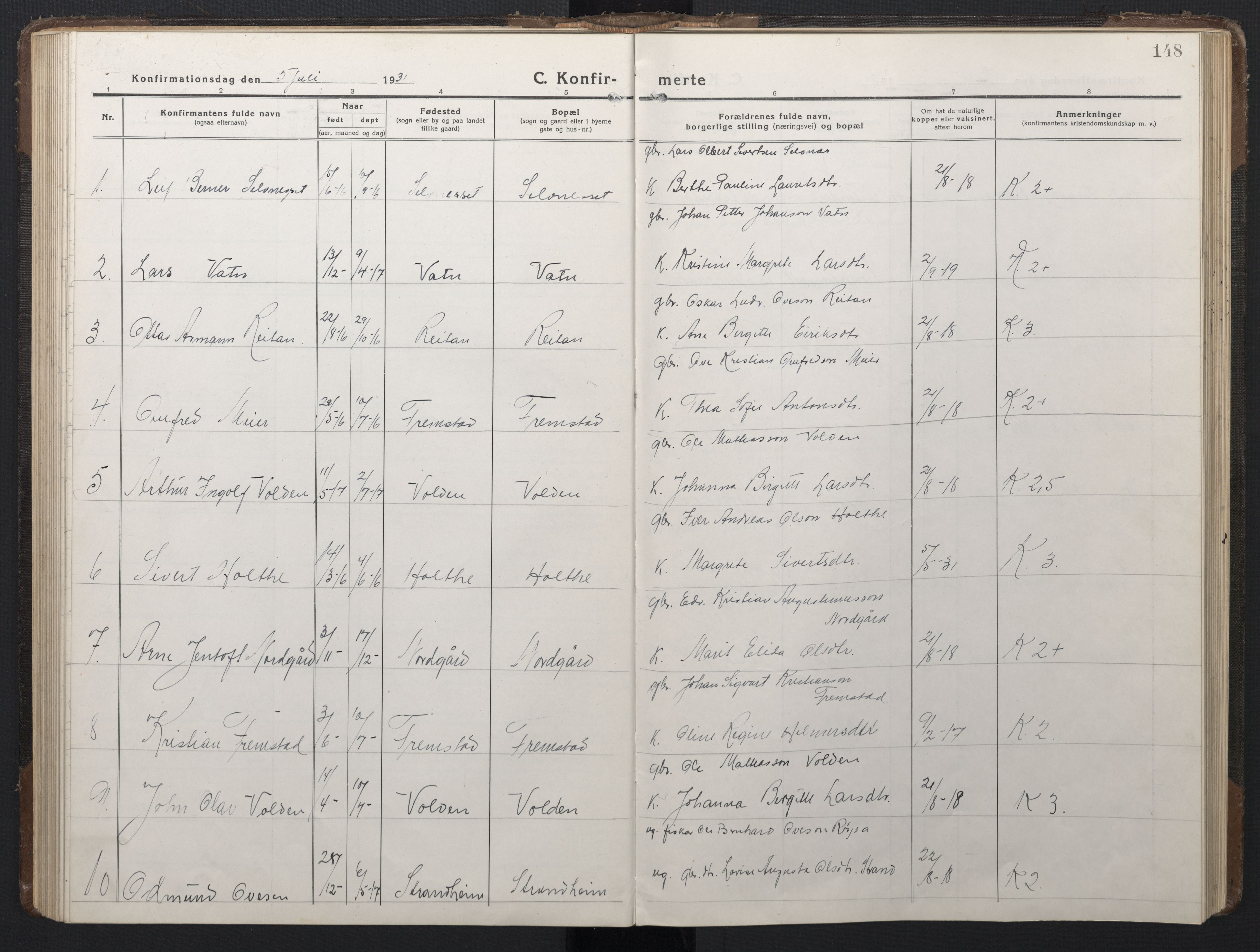 Ministerialprotokoller, klokkerbøker og fødselsregistre - Sør-Trøndelag, SAT/A-1456/662/L0758: Parish register (copy) no. 662C03, 1918-1948, p. 148