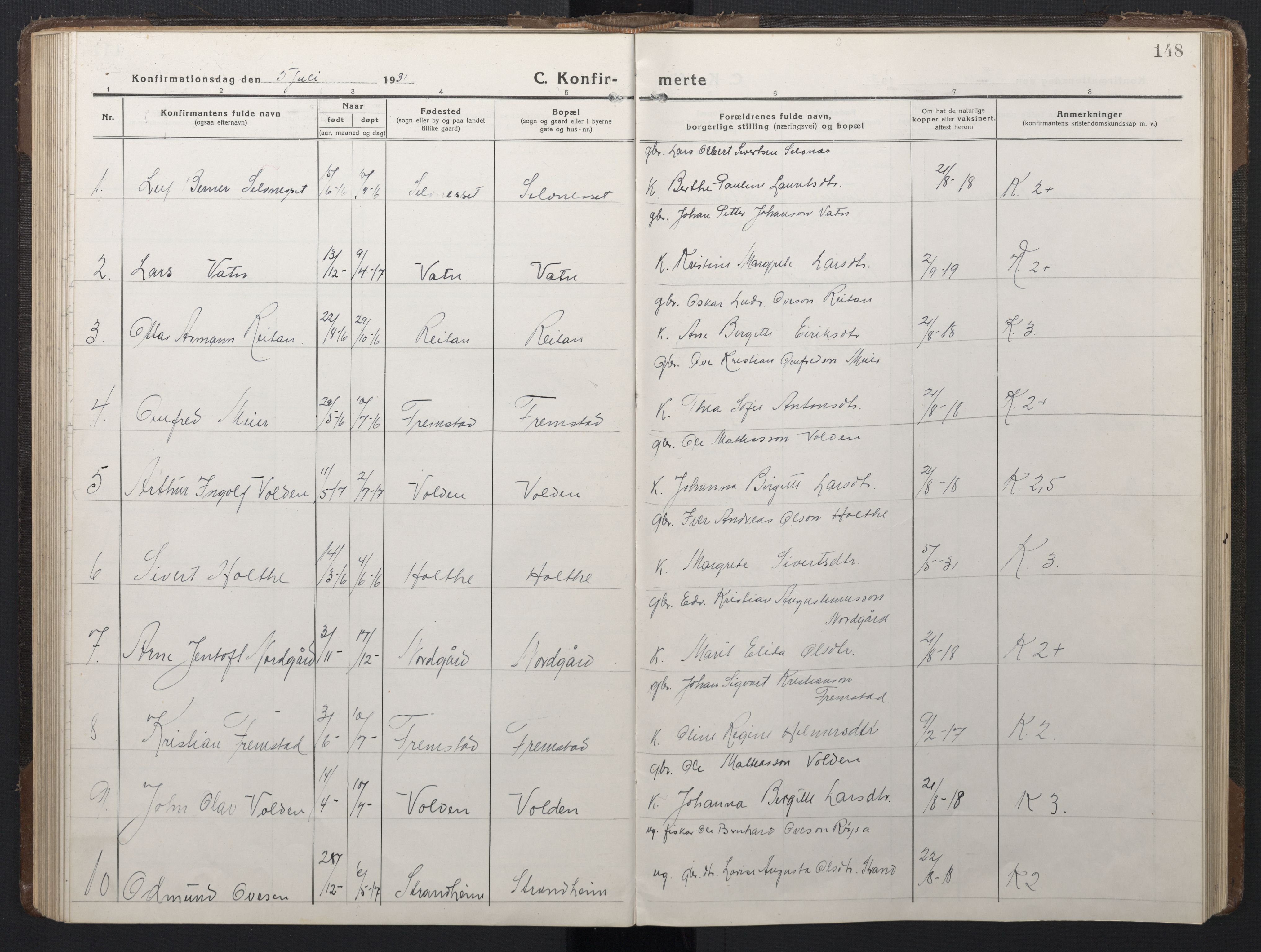 Ministerialprotokoller, klokkerbøker og fødselsregistre - Sør-Trøndelag, AV/SAT-A-1456/662/L0758: Parish register (copy) no. 662C03, 1918-1948, p. 148