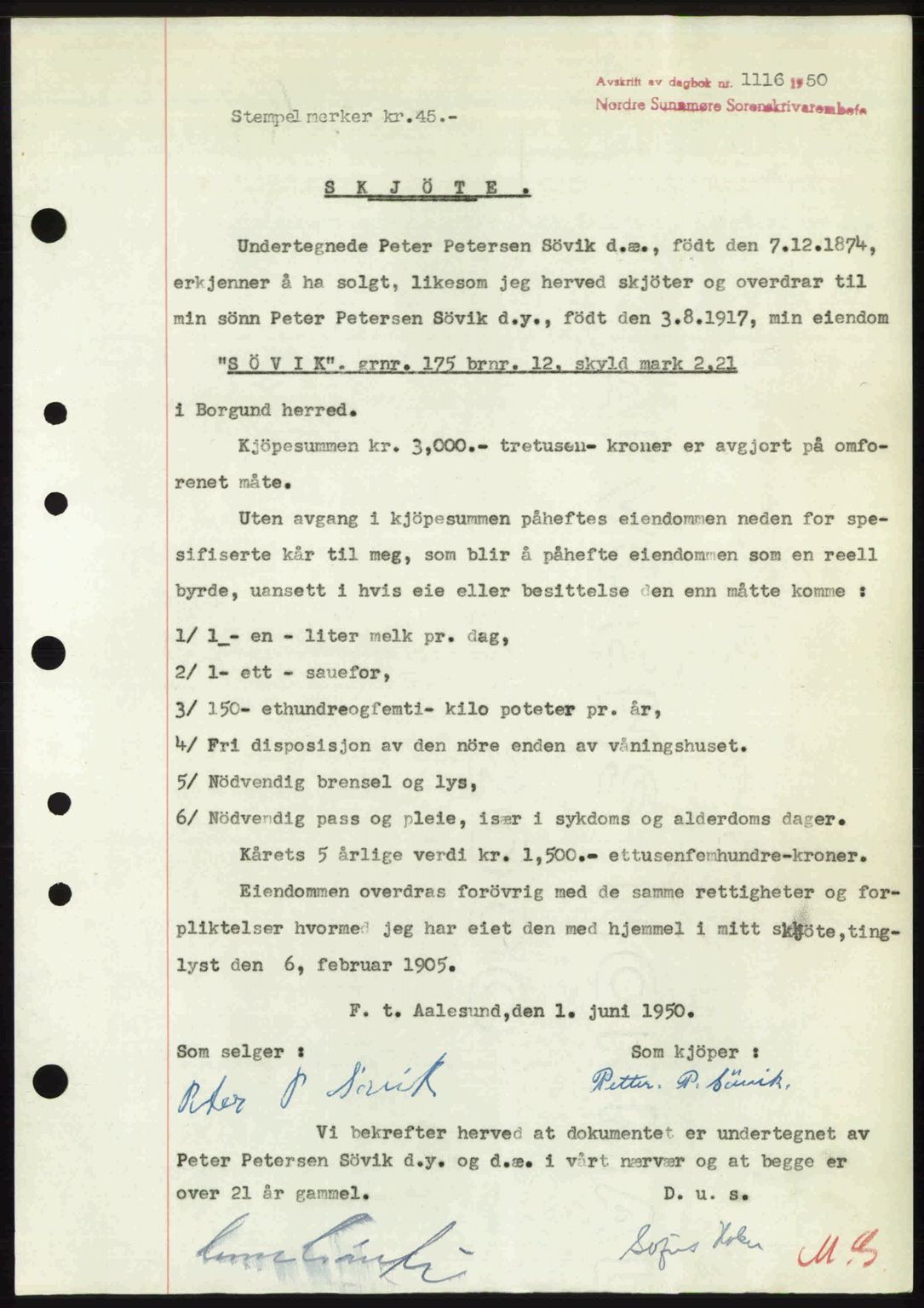 Nordre Sunnmøre sorenskriveri, AV/SAT-A-0006/1/2/2C/2Ca: Mortgage book no. A34, 1950-1950, Diary no: : 1116/1950