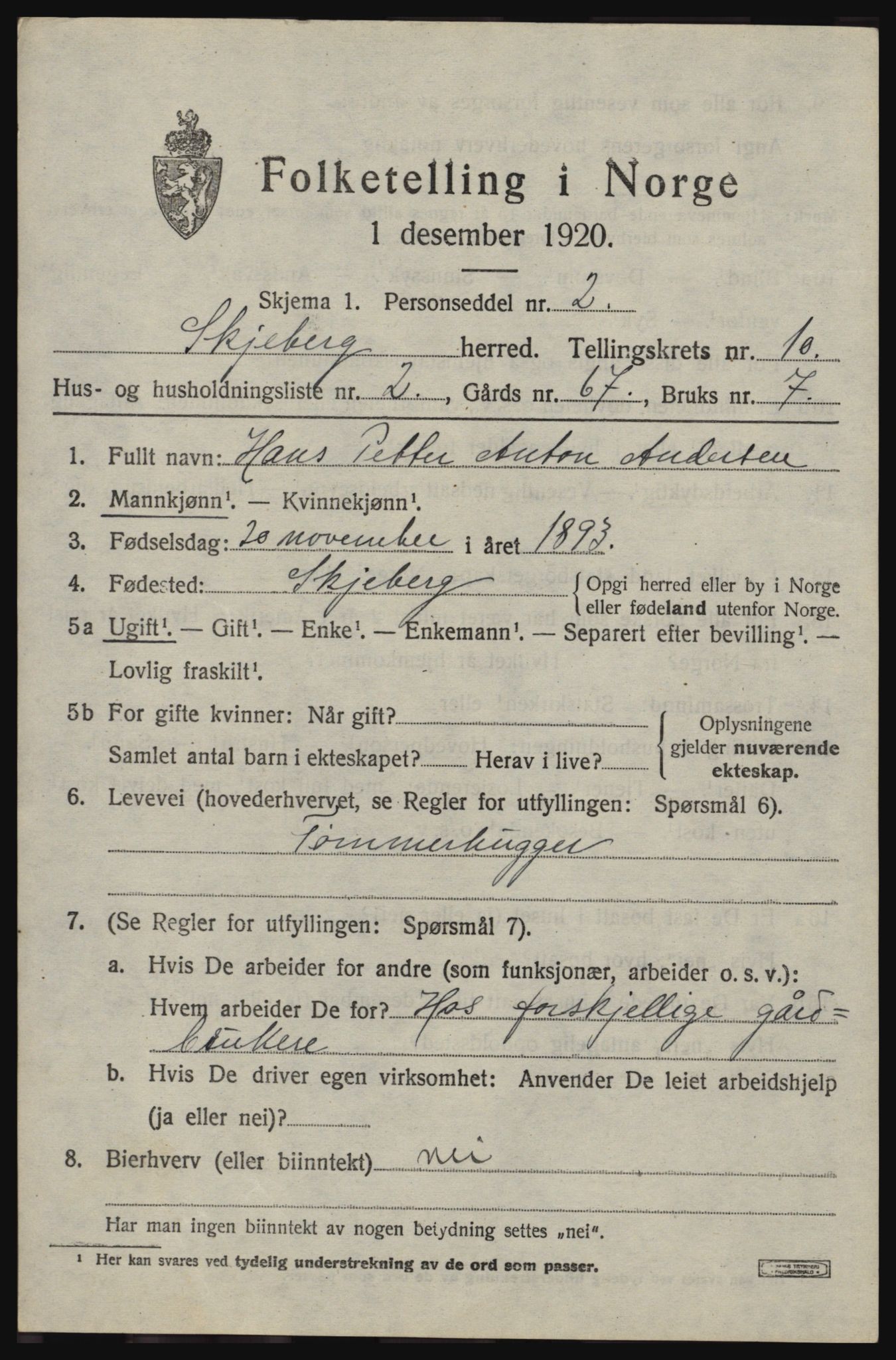 SAO, 1920 census for Skjeberg, 1920, p. 9091