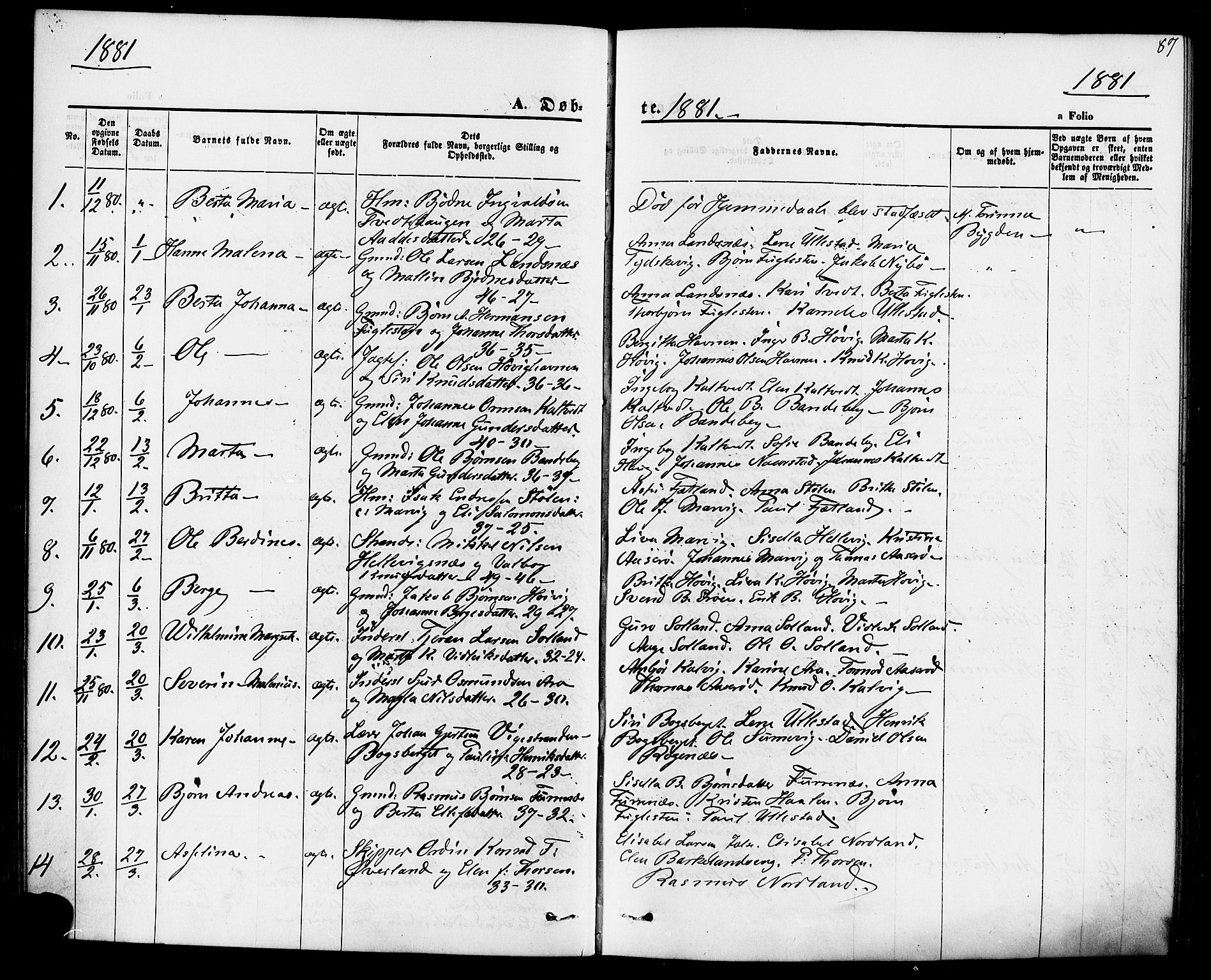 Jelsa sokneprestkontor, AV/SAST-A-101842/01/IV: Parish register (official) no. A 8, 1867-1883, p. 87