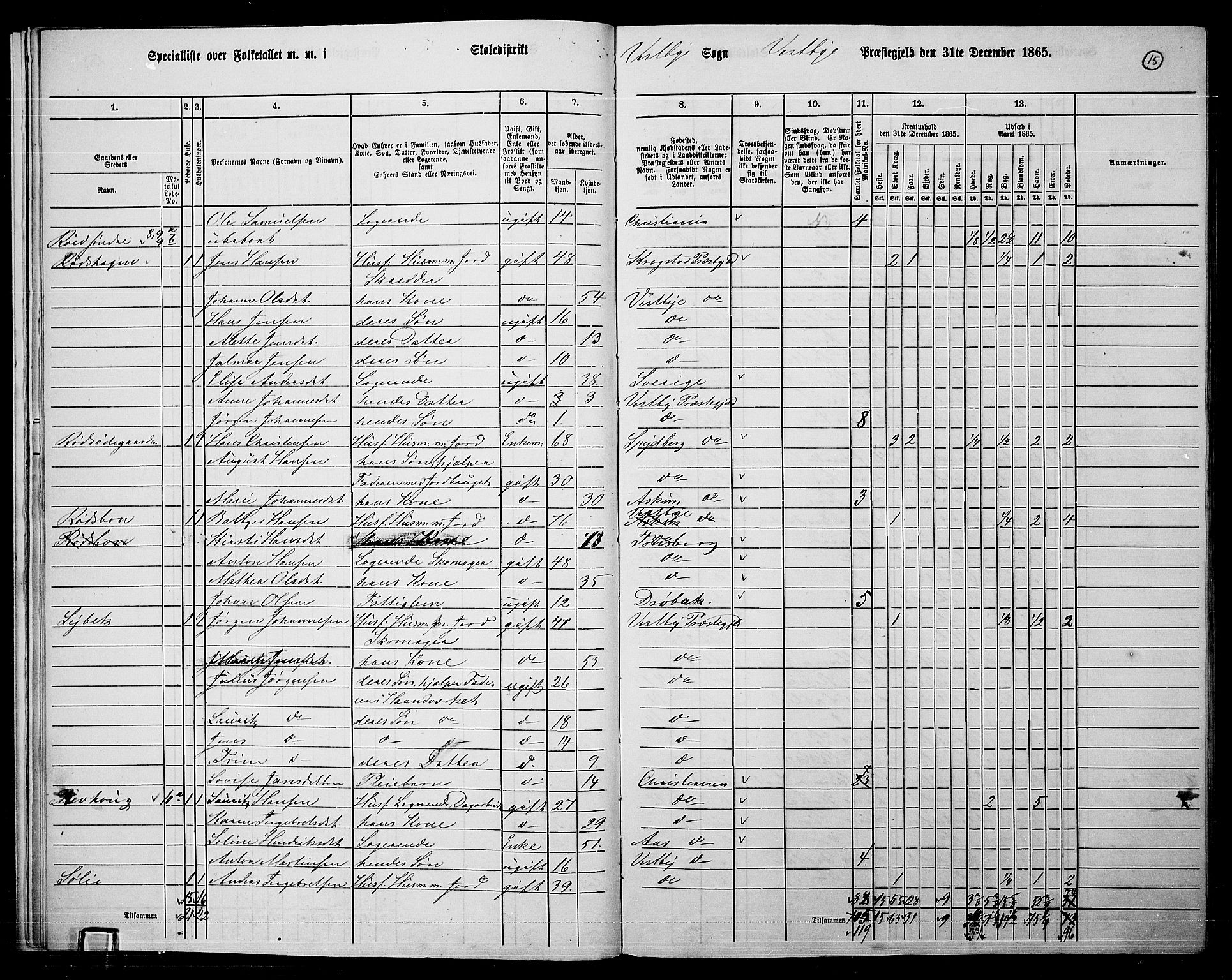 RA, 1865 census for Vestby, 1865, p. 14