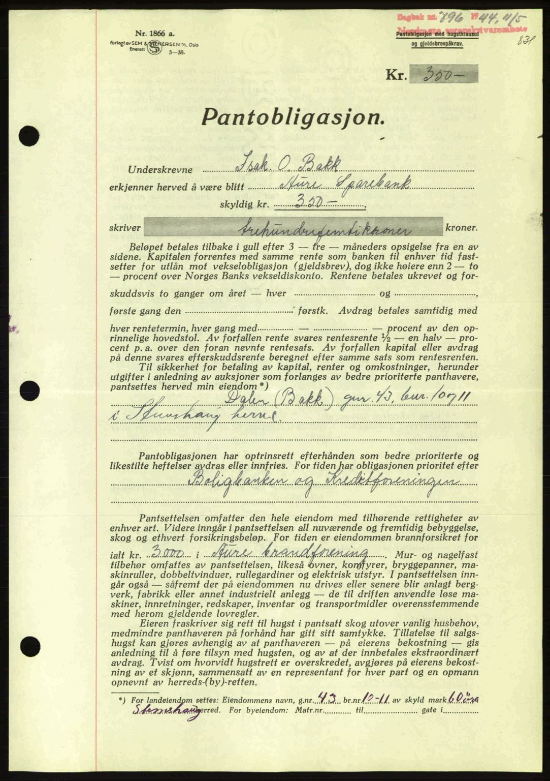 Nordmøre sorenskriveri, AV/SAT-A-4132/1/2/2Ca: Mortgage book no. B91, 1943-1944, Diary no: : 796/1944